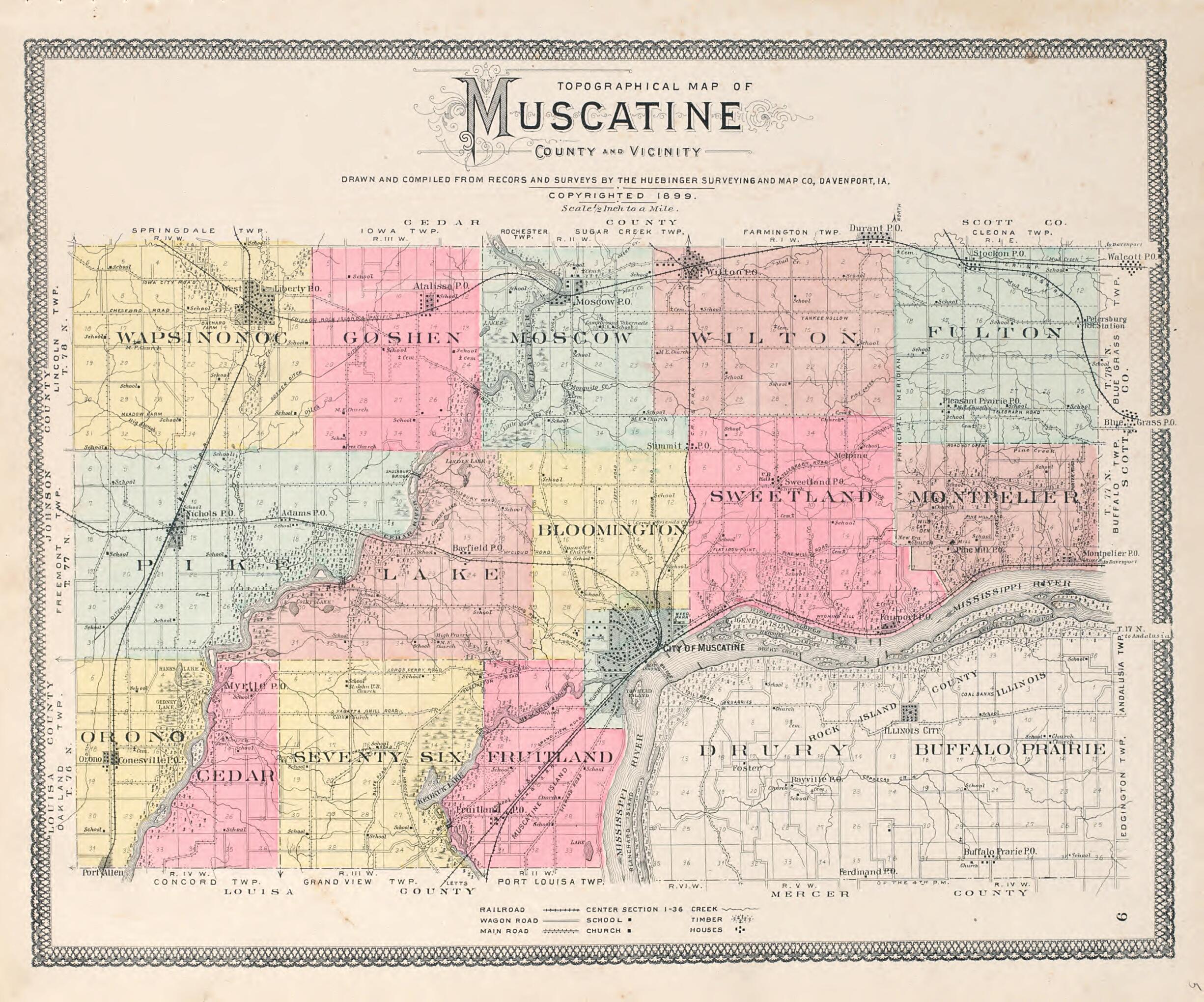 This old map of Topographical Map of Muscatine from Atlas of Muscatine County, Iowa from 1899 was created by Huebinger Surveying and Map Publishing Co in 1899
