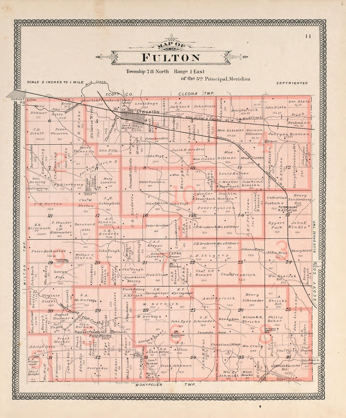 This old map of Map of Fulton from Atlas of Muscatine County, Iowa from 1899 was created by Huebinger Surveying and Map Publishing Co in 1899