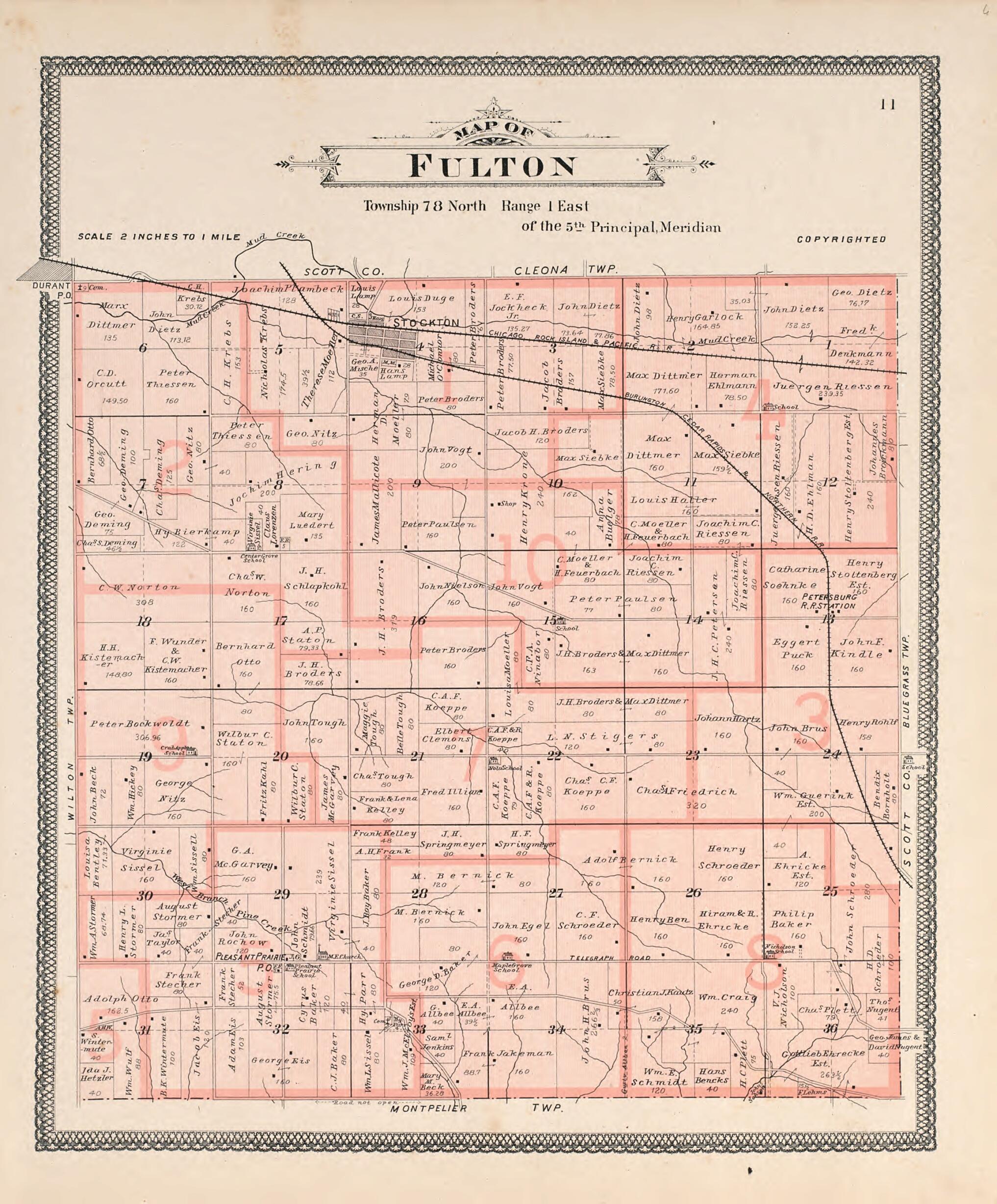 This old map of Map of Fulton from Atlas of Muscatine County, Iowa from 1899 was created by Huebinger Surveying and Map Publishing Co in 1899