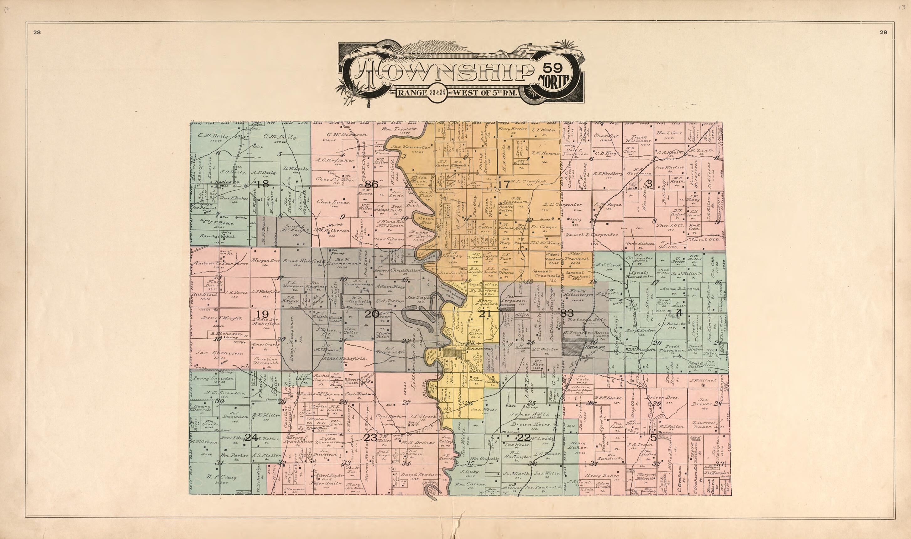 This old map of Township 59 North Range 33 & 34 West of 5th P.M. from Atlas of Andrew County, Missouri from 1898 was created by Pa.) Acme Publishing Co. (Philadelphia in 1898