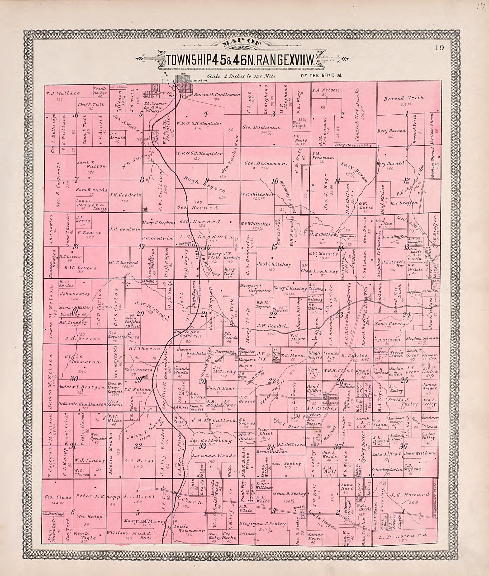 This old map of Township 45 & 46N. Range XVIIW. from Illustrated Historical Atlas of Cooper County, Missouri from 1897 was created by S. Wangersheim in 1897