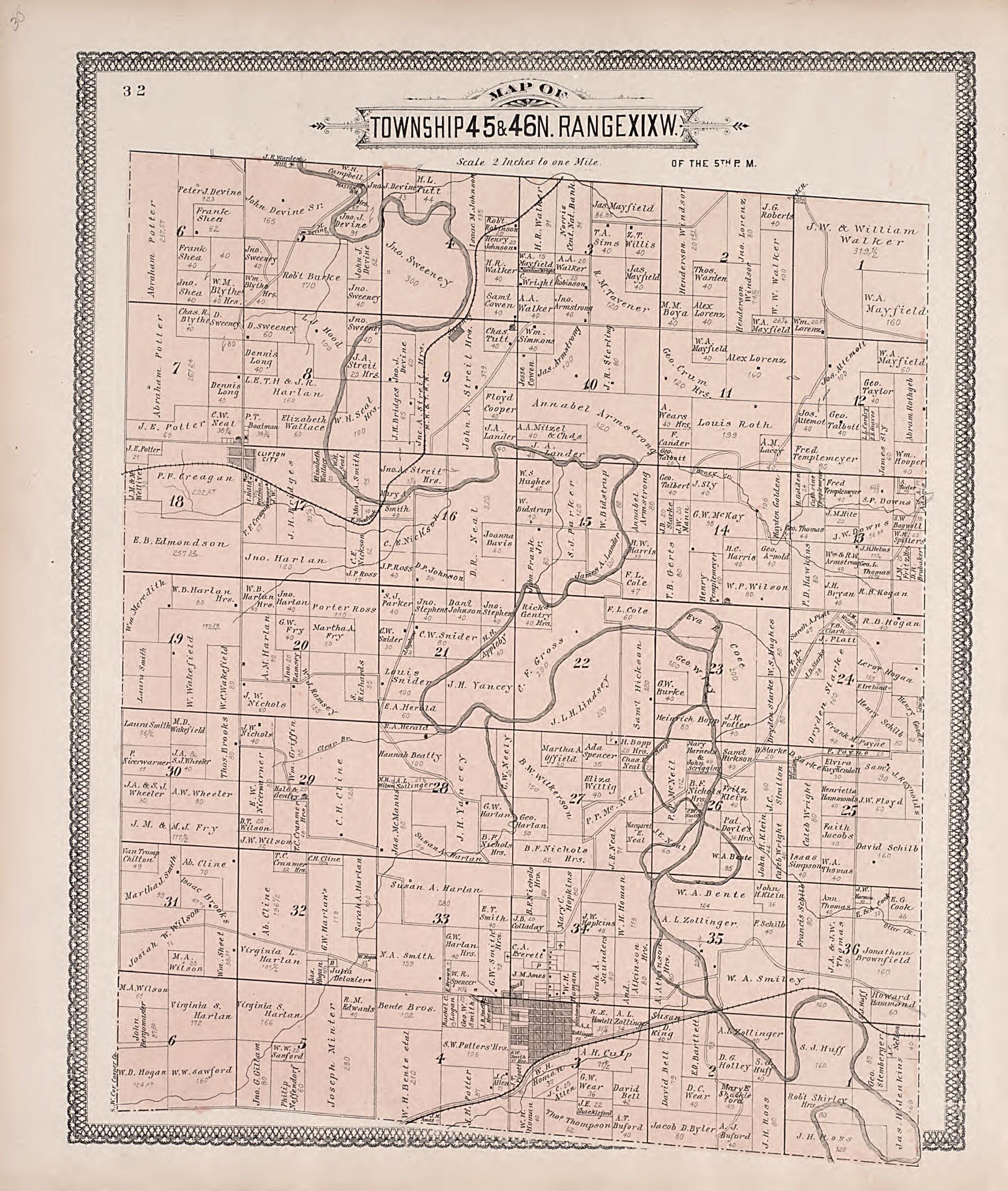 This old map of Township 45 & 46N. Range XIXW. from Illustrated Historical Atlas of Cooper County, Missouri from 1897 was created by S. Wangersheim in 1897