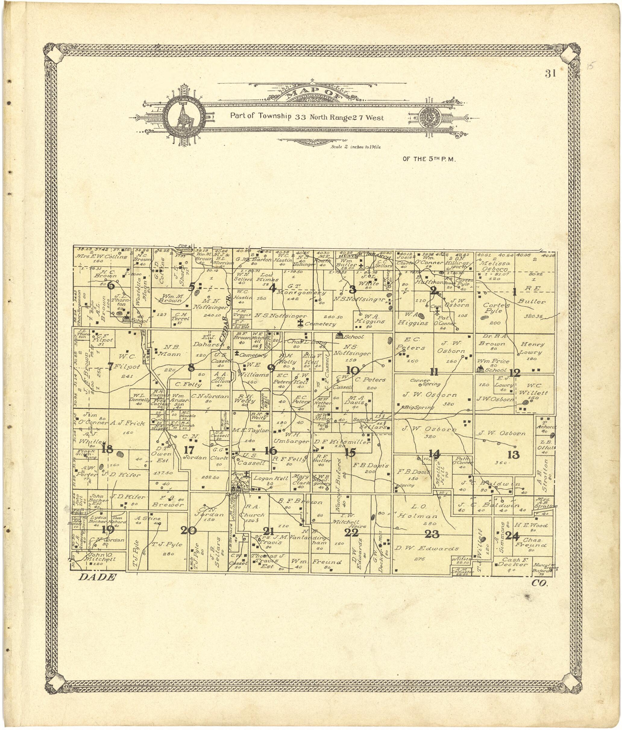 This old map of Map of Part of Township 33 North Range 27 West from Standard Atlas of Cedar County, Missouri from 1908 was created by Geo. A. Ogle & Co in 1908