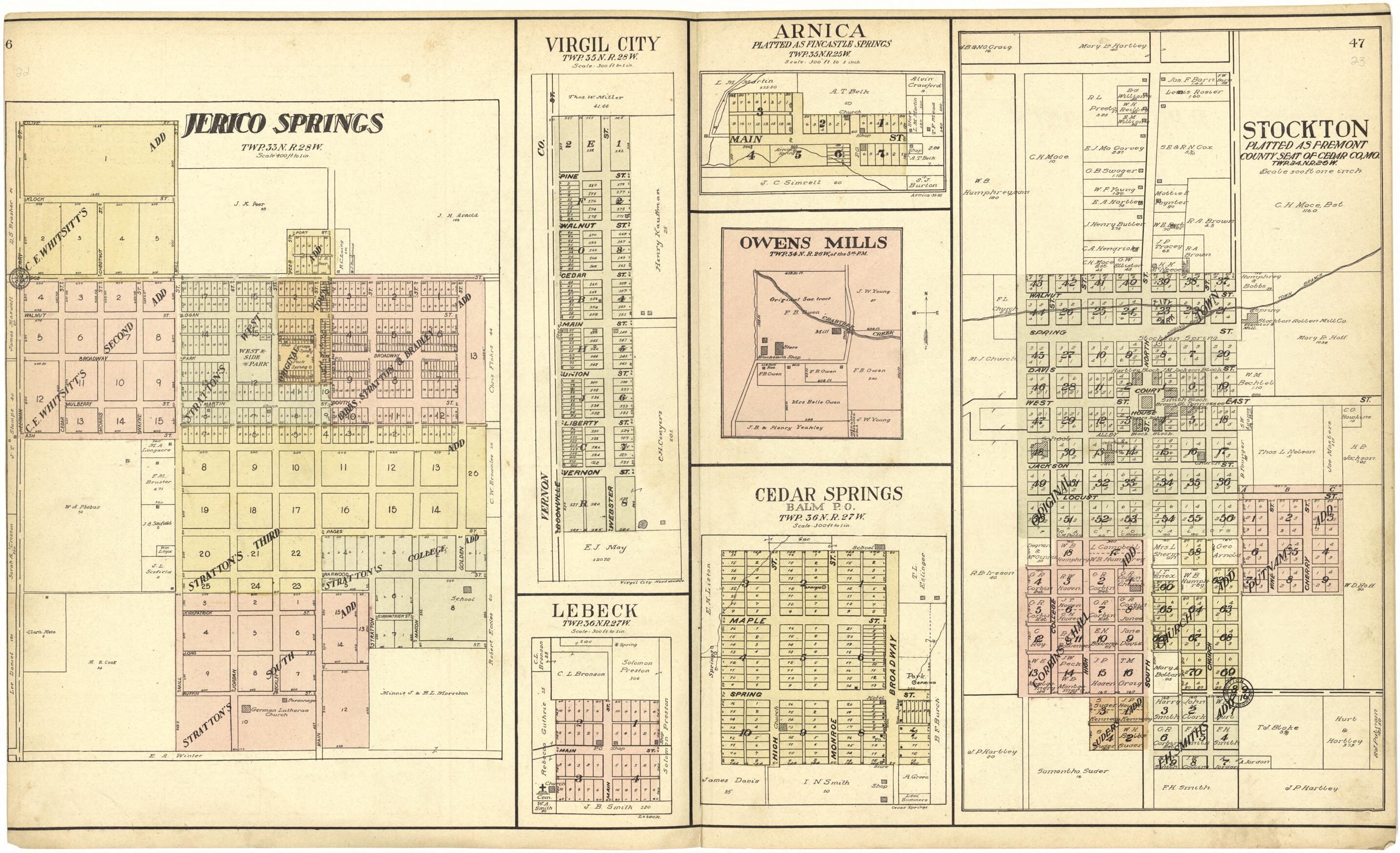 This old map of Jerico Springs; Virgil City; Lebeck; Arnica; Owens Mills; Cedar Springs from Standard Atlas of Cedar County, Missouri from 1908 was created by Geo. A. Ogle & Co in 1908