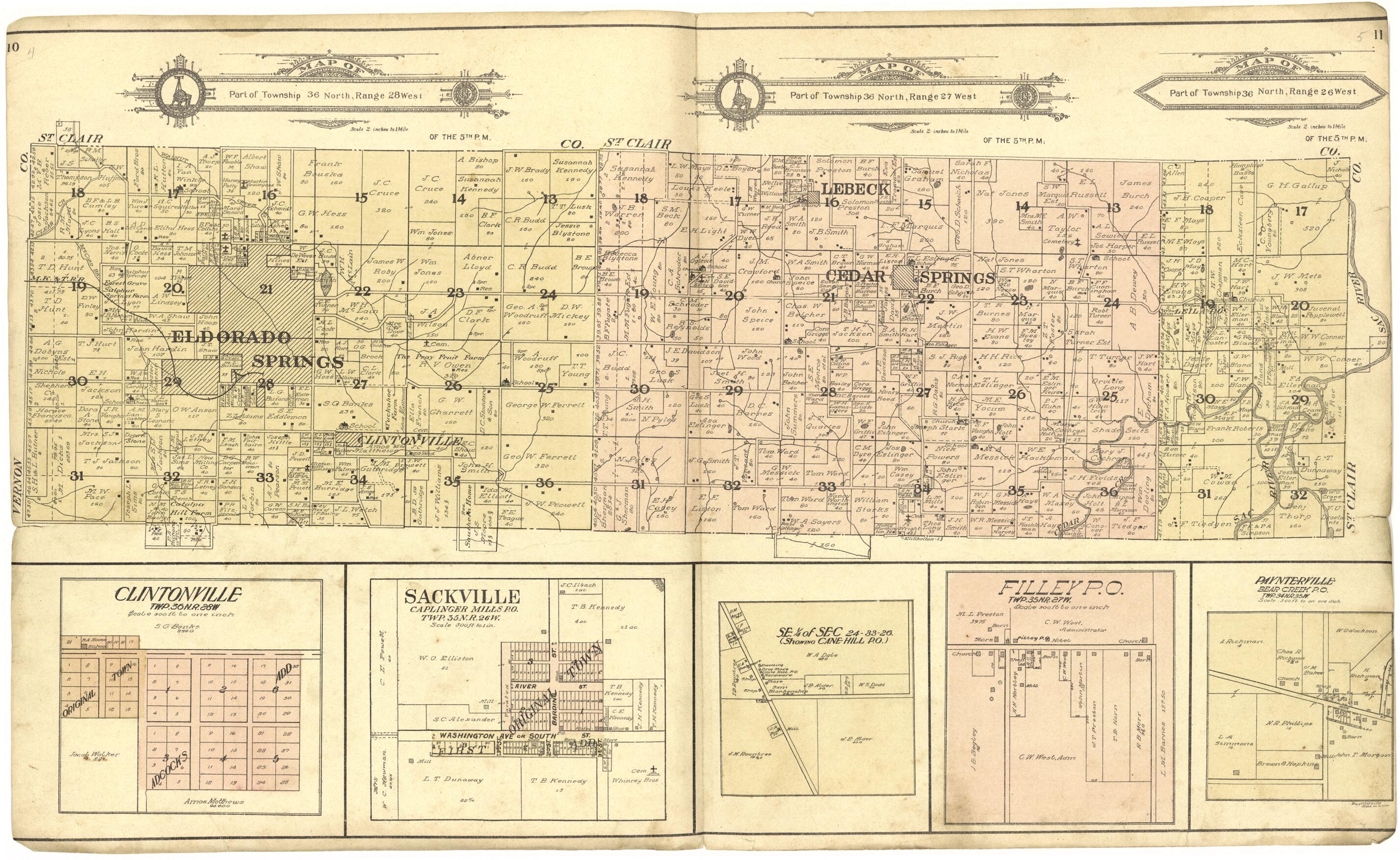 This old map of Clintonville; Sackville; Paynterville from Standard Atlas of Cedar County, Missouri from 1908 was created by Geo. A. Ogle & Co in 1908