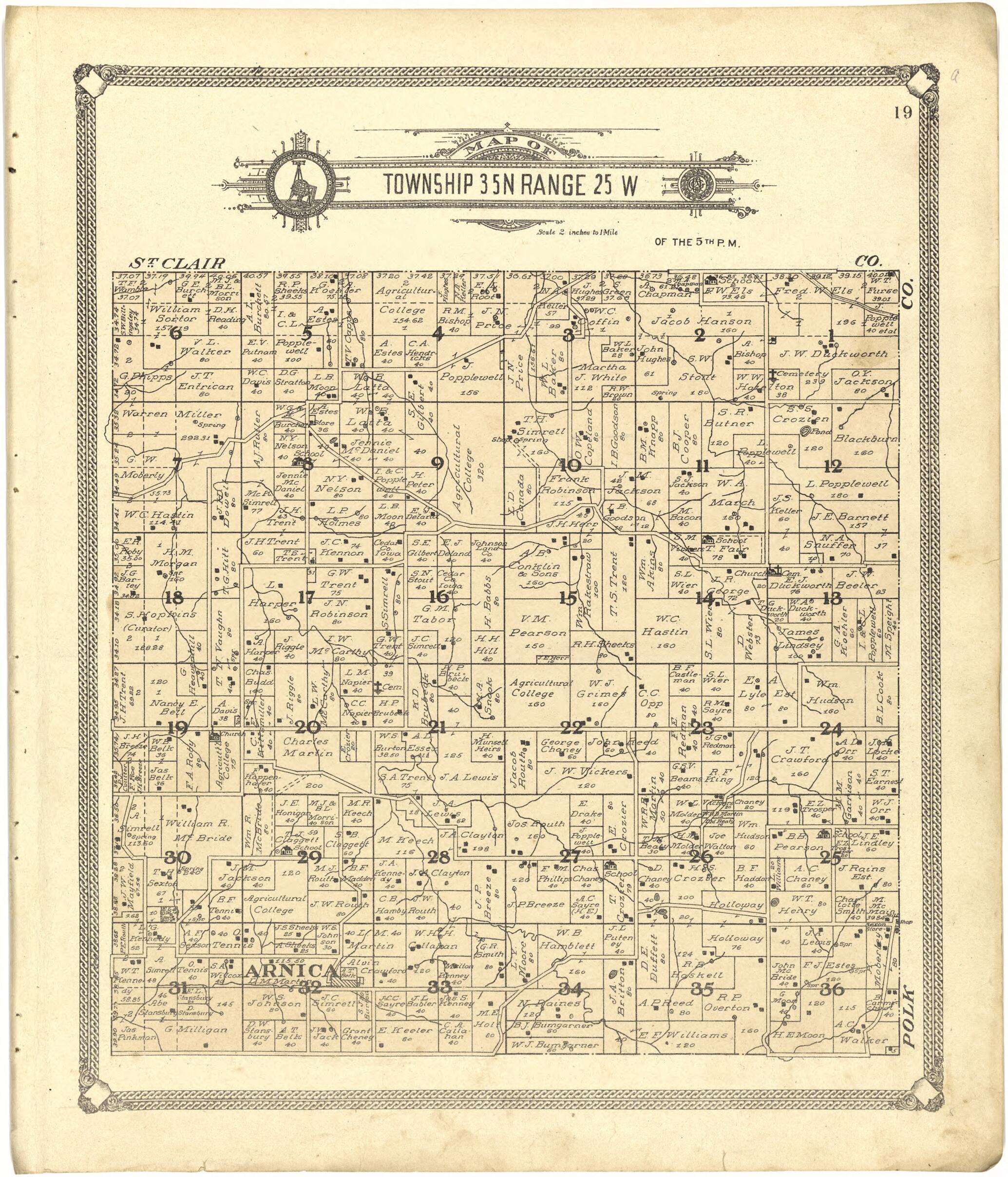 This old map of Map of Township 35 N Range 25 W from Standard Atlas of Cedar County, Missouri from 1908 was created by Geo. A. Ogle & Co in 1908