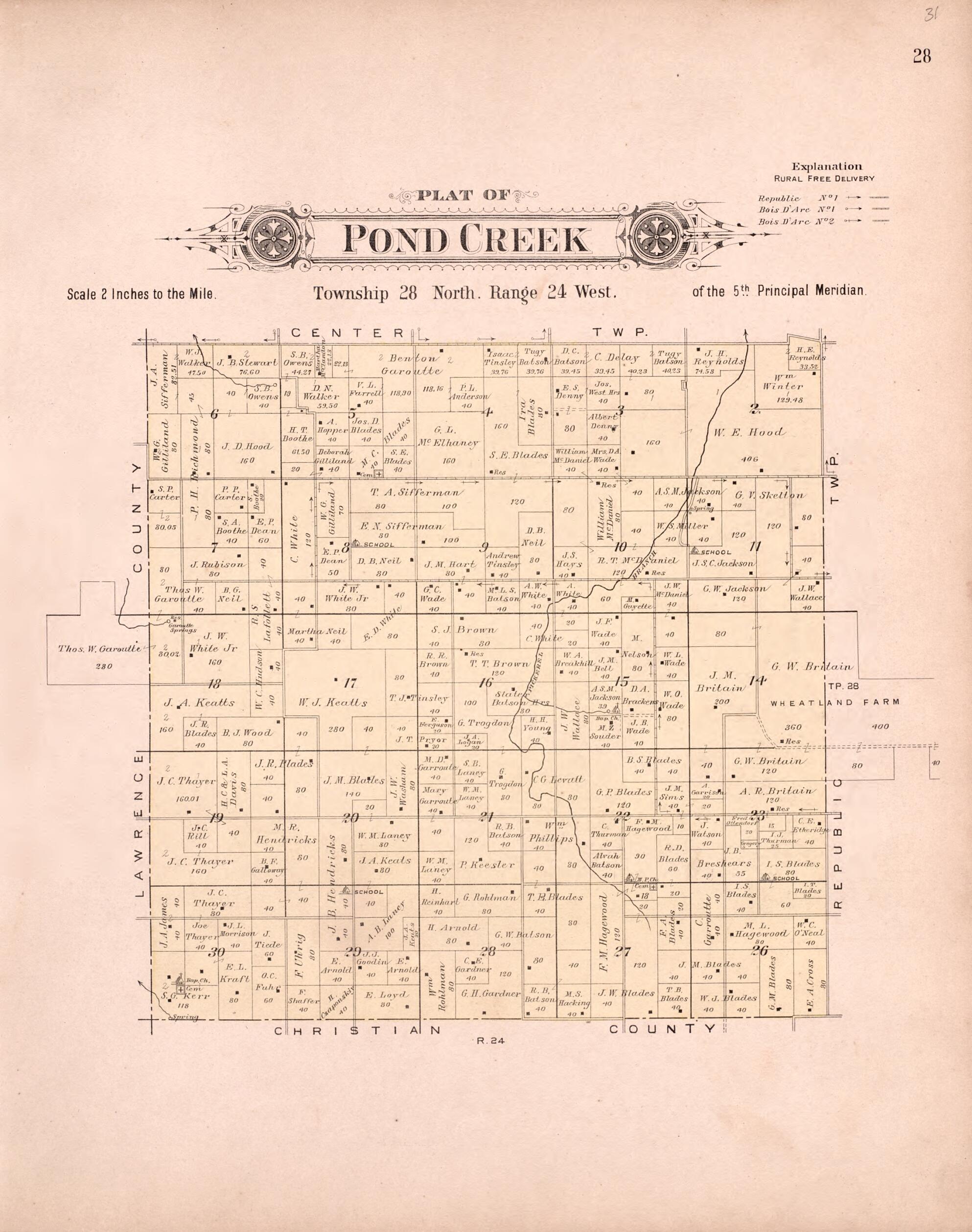 This old map of Pond Creek from Plat Book of Greene County, Missouri from 1904 was created by Missouri Publishing Co in 1904