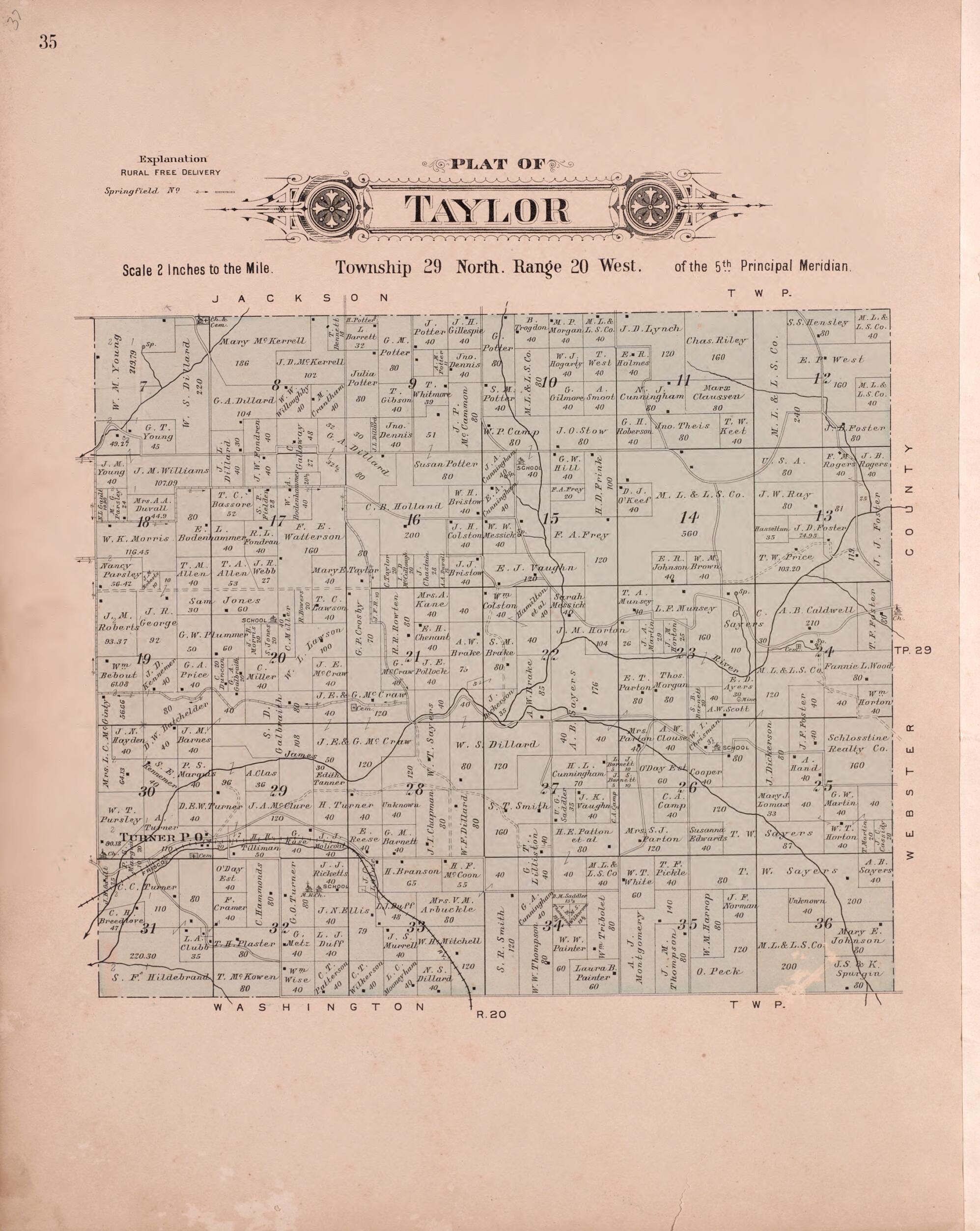 This old map of Taylor from Plat Book of Greene County, Missouri from 1904 was created by Missouri Publishing Co in 1904