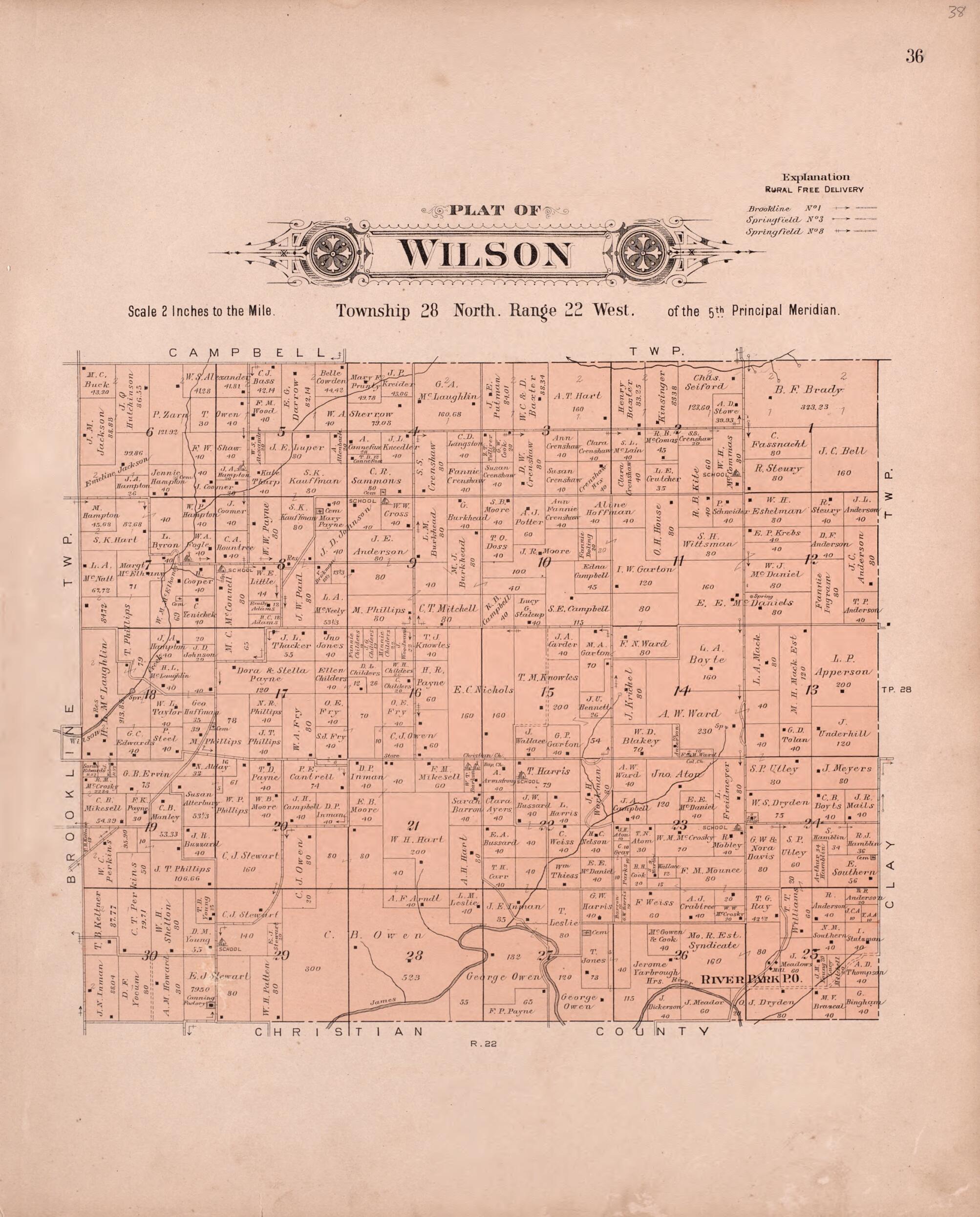 This old map of Wilson from Plat Book of Greene County, Missouri from 1904 was created by Missouri Publishing Co in 1904