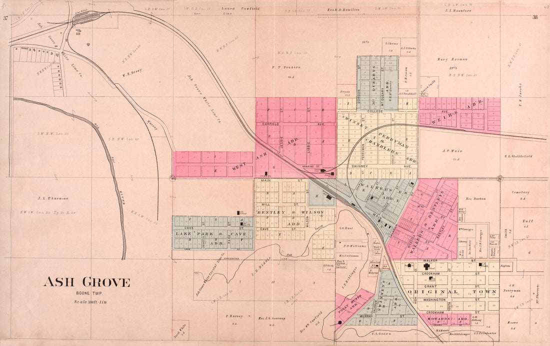 This old map of Ash Grove from Plat Book of Greene County, Missouri from 1904 was created by Missouri Publishing Co in 1904