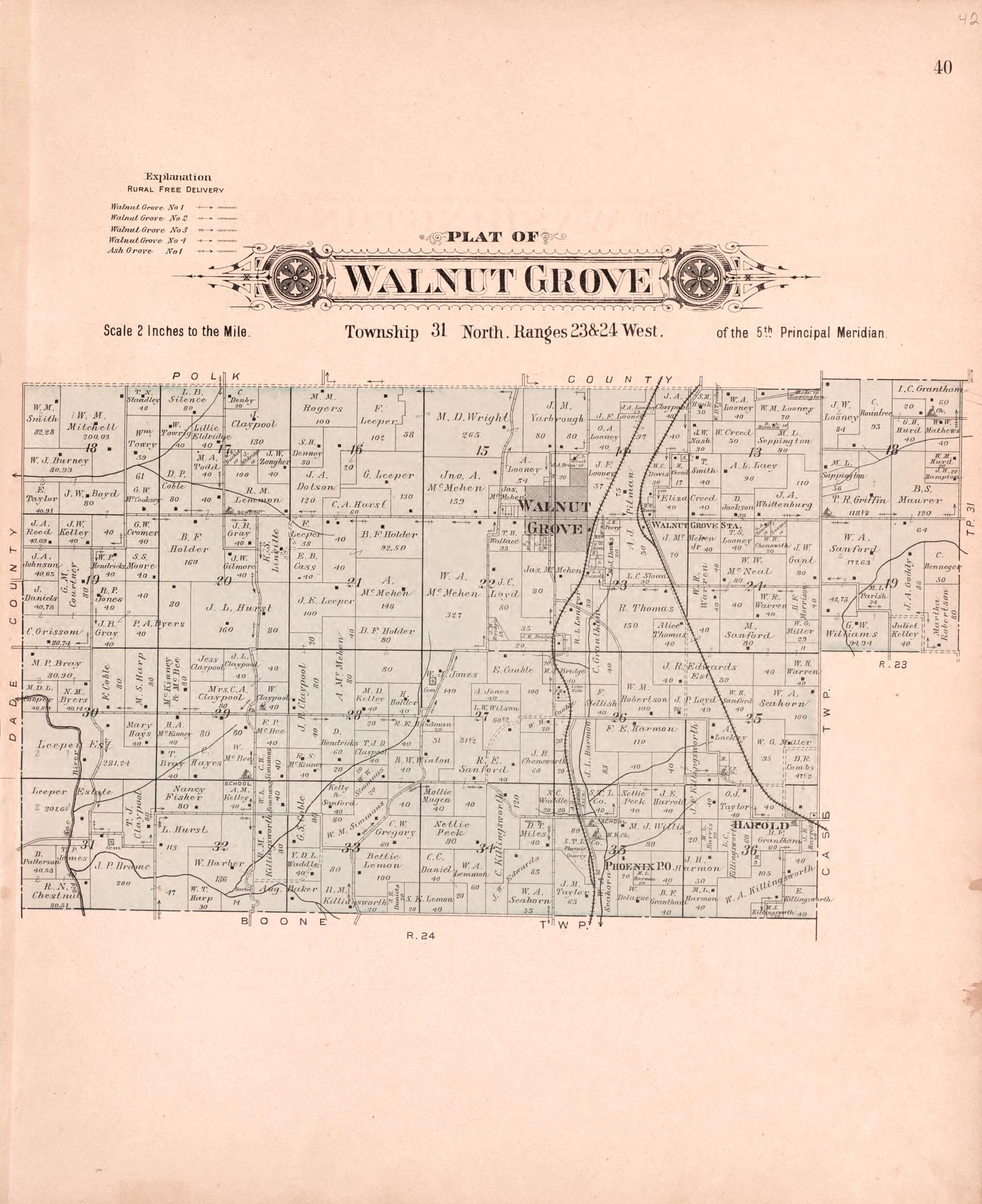 This old map of Walnut Grove from Plat Book of Greene County, Missouri from 1904 was created by Missouri Publishing Co in 1904