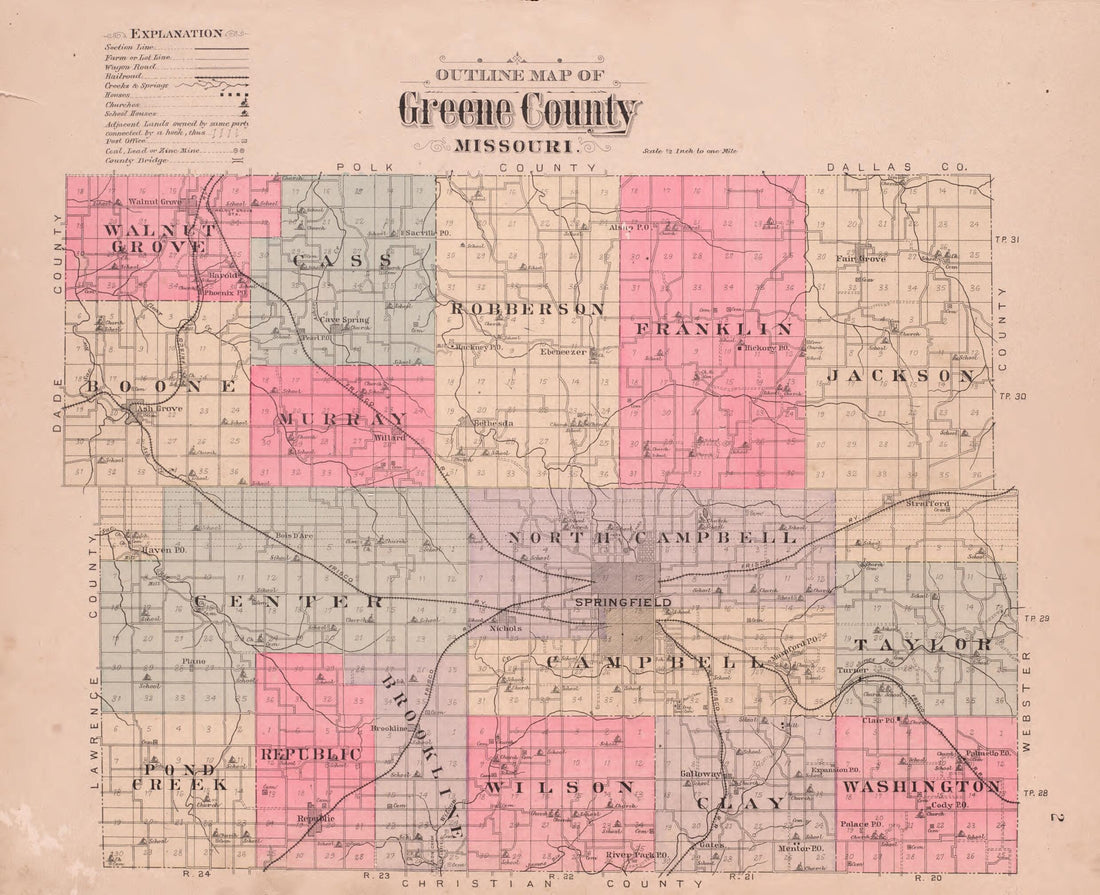 This old map of Greene County from Plat Book of Greene County, Missouri from 1904 was created by Missouri Publishing Co in 1904