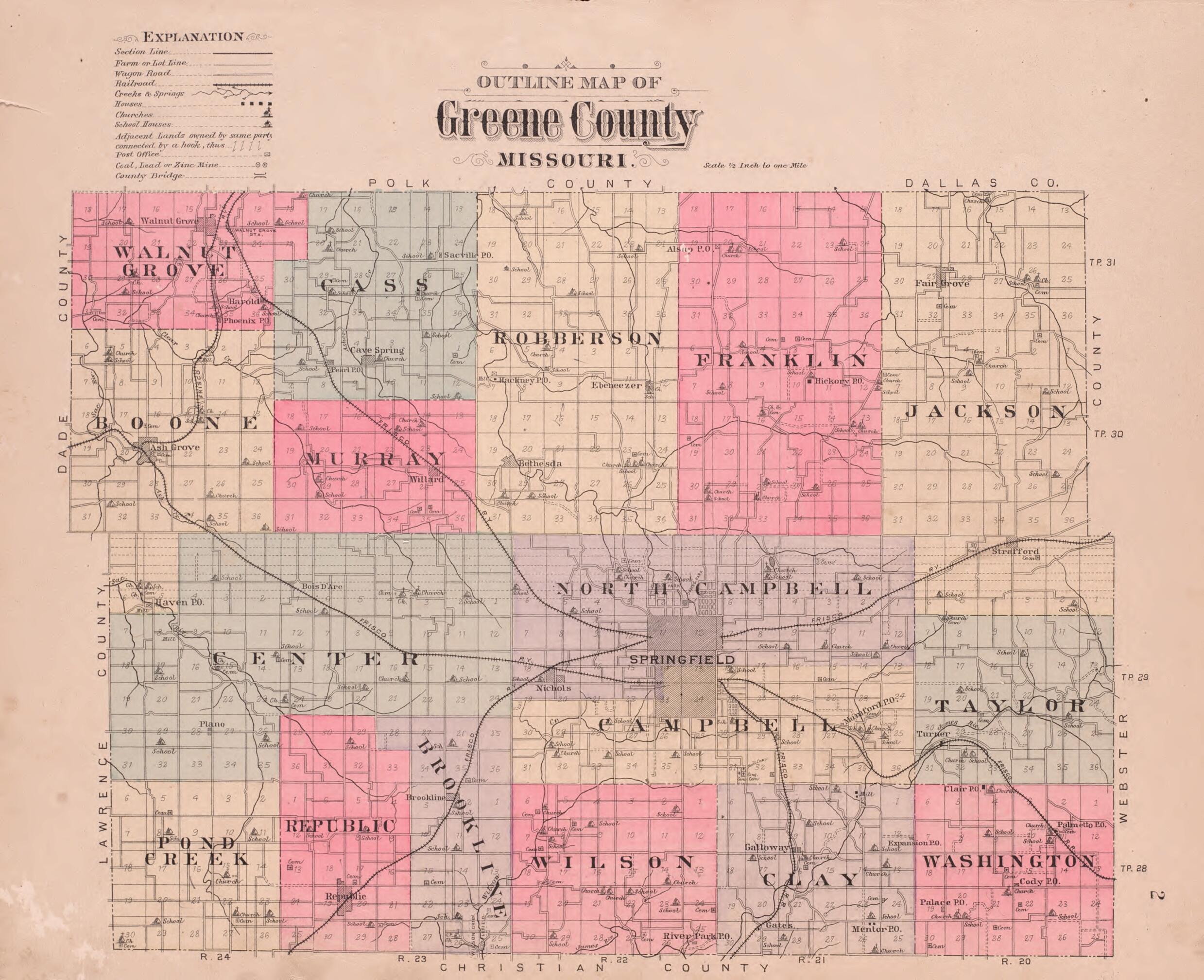 This old map of Greene County from Plat Book of Greene County, Missouri from 1904 was created by Missouri Publishing Co in 1904