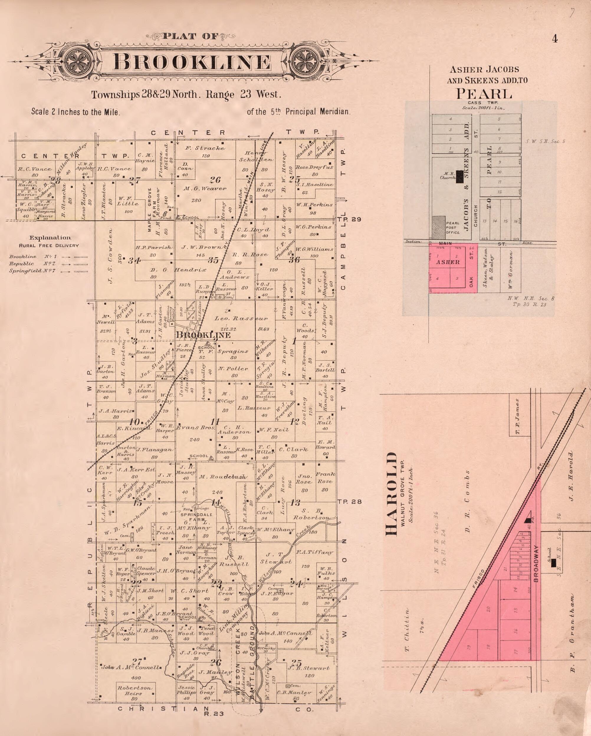 This old map of Brookline & Harold from Plat Book of Greene County, Missouri from 1904 was created by Missouri Publishing Co in 1904
