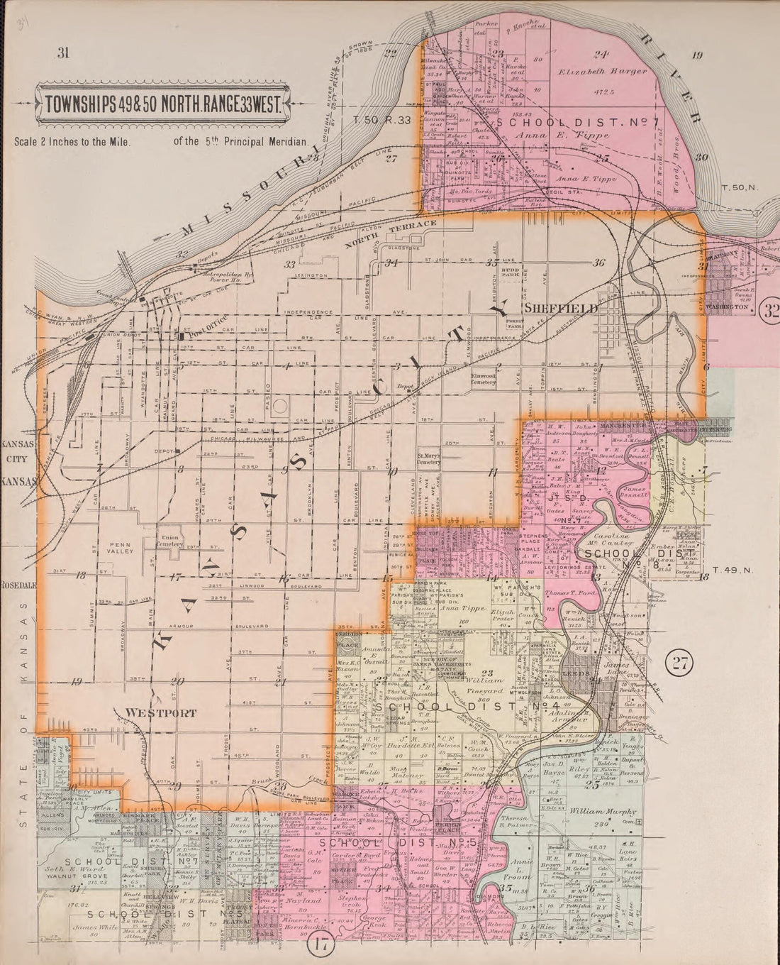 This old map of Twps 49 & 50 North Range 33 West from Plat Book of Jackson County, Missouri from 1904 was created by North West Publishing Co in 1904