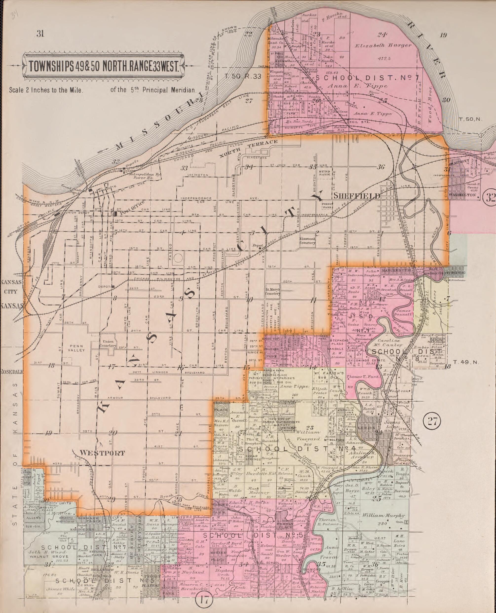 This old map of Twps 49 & 50 North Range 33 West from Plat Book of Jackson County, Missouri from 1904 was created by North West Publishing Co in 1904