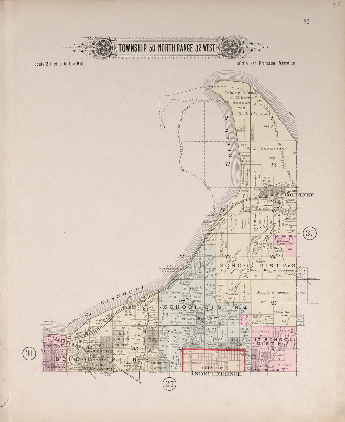 This old map of Township 50 North Range 32 West from Plat Book of Jackson County, Missouri from 1904 was created by North West Publishing Co in 1904