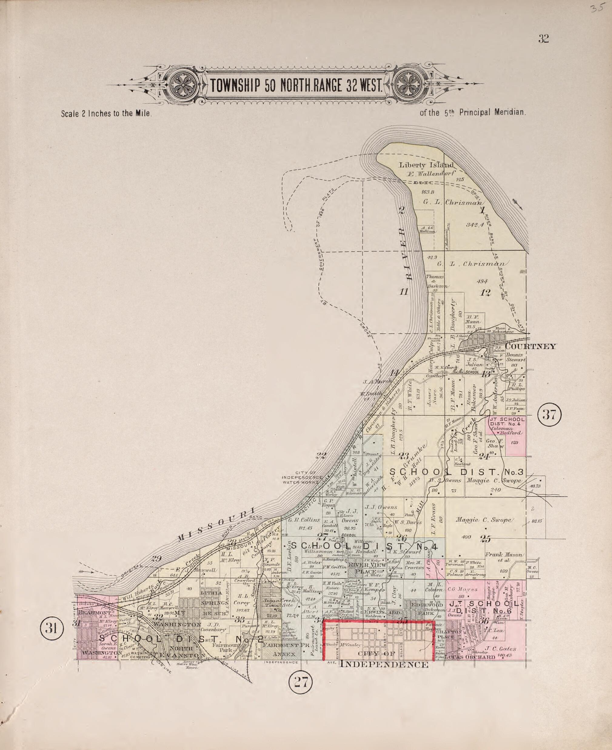This old map of Township 50 North Range 32 West from Plat Book of Jackson County, Missouri from 1904 was created by North West Publishing Co in 1904