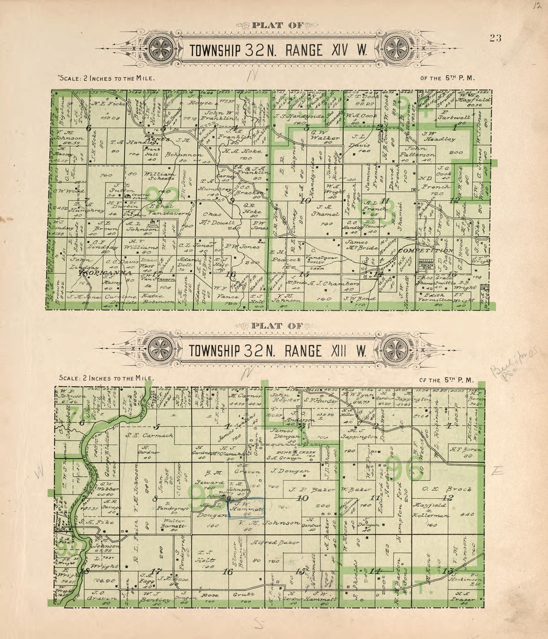 This old map of Township 32 N Ranges XIII & XIV from Plat Book of La Clede County, Missouri from 1912 was created by Ill.) Western Publishing Company (Chicago in 1912