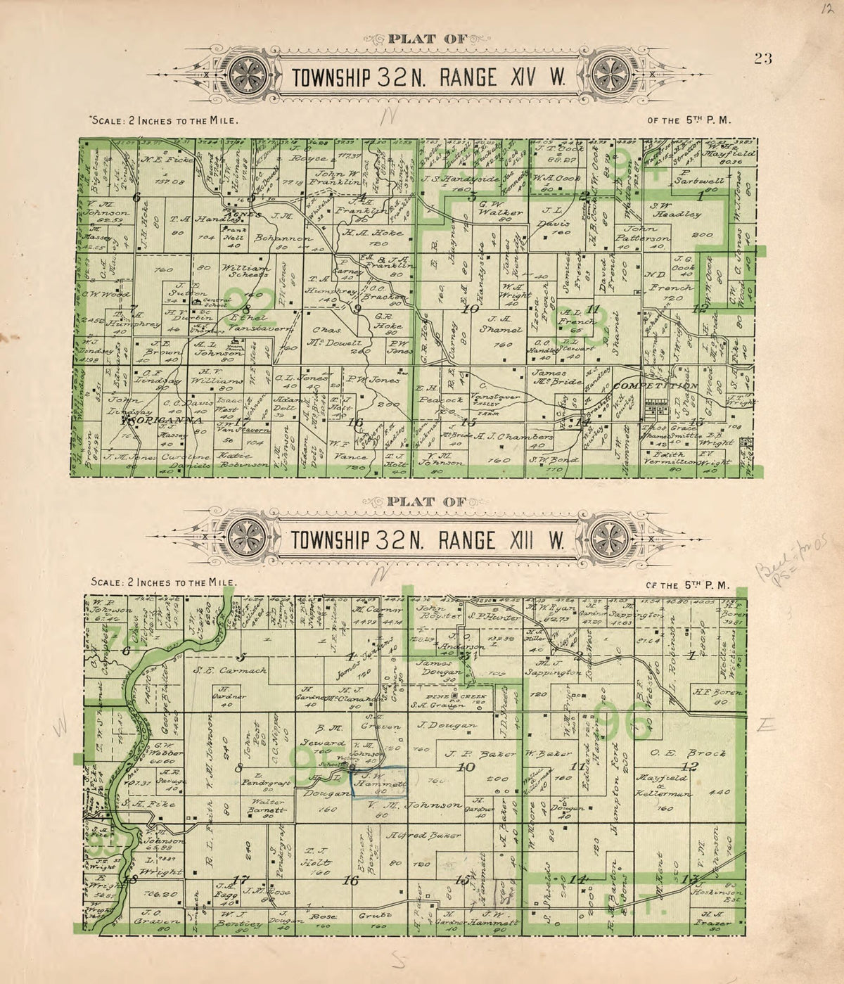 Township 32 N Ranges XIII & XIV from Plat Book of La Clede County, Missouri 1912 by Relic Map Company