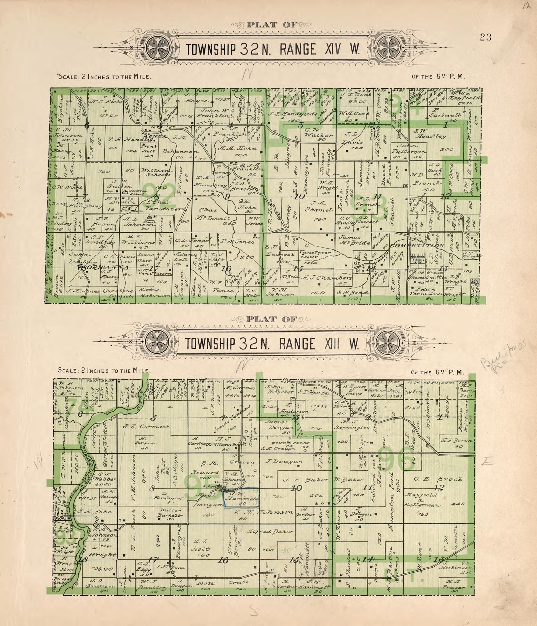 This old map of Township 32 N Ranges XIII & XIV from Plat Book of La Clede County, Missouri from 1912 was created by Ill.) Western Publishing Company (Chicago in 1912