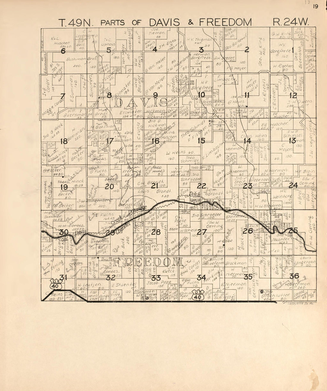 This old map of Davis and Freedom from Atlas of Lafayette County, Missouri. from 1920 was created by W.W. Hixson & Co in 1920