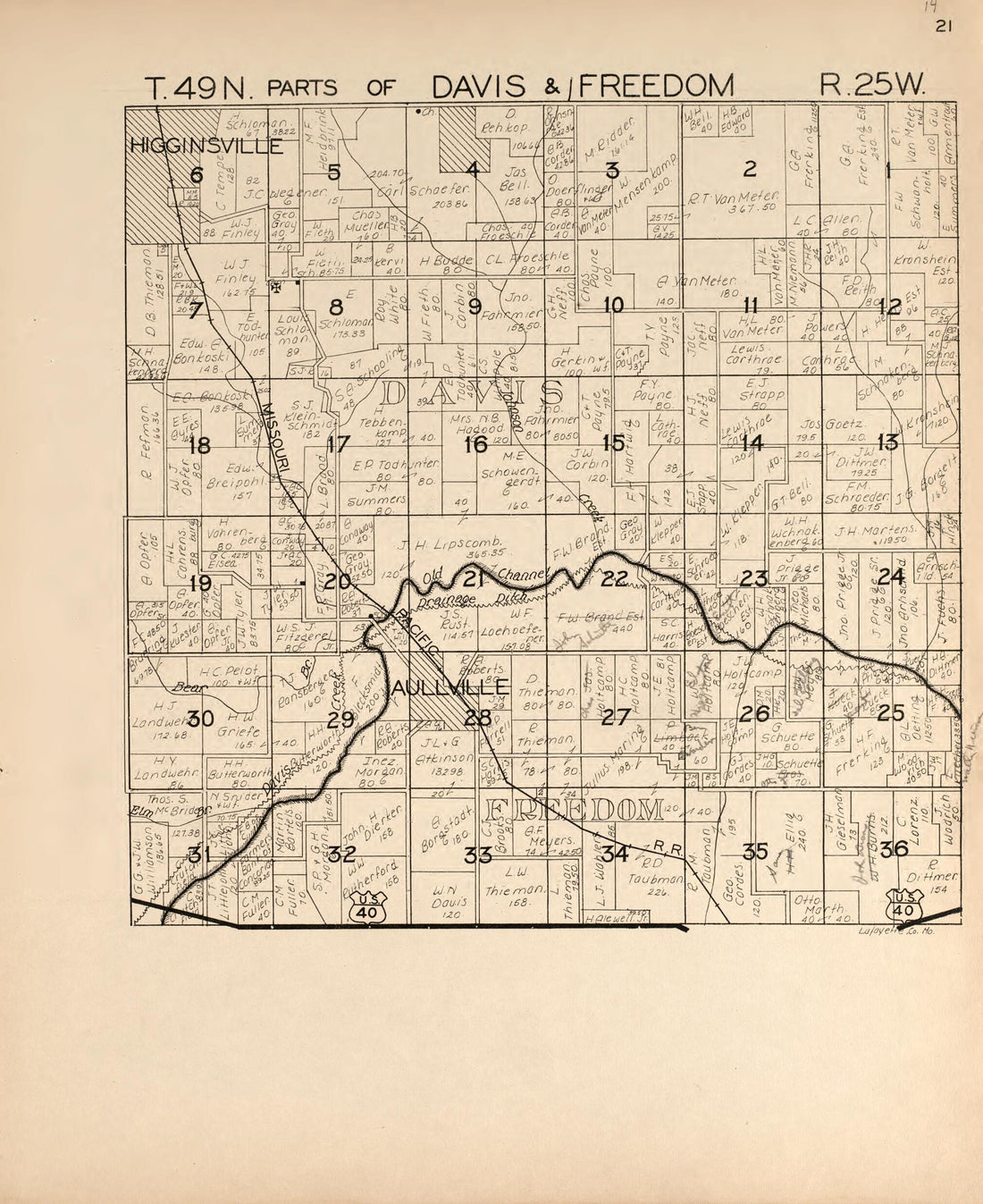 This old map of Davis and Freedom from Atlas of Lafayette County, Missouri. from 1920 was created by W.W. Hixson & Co in 1920