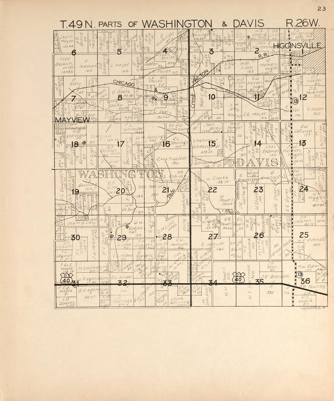 This old map of Washington and Davis from Atlas of Lafayette County, Missouri. from 1920 was created by W.W. Hixson & Co in 1920