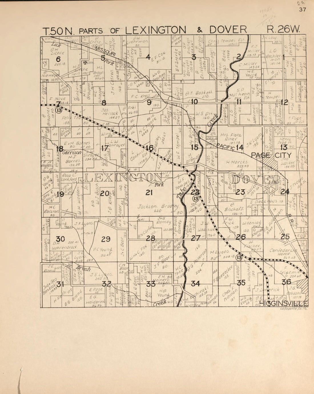 This old map of Lexington and Dover from Atlas of Lafayette County, Missouri. from 1920 was created by W.W. Hixson & Co in 1920