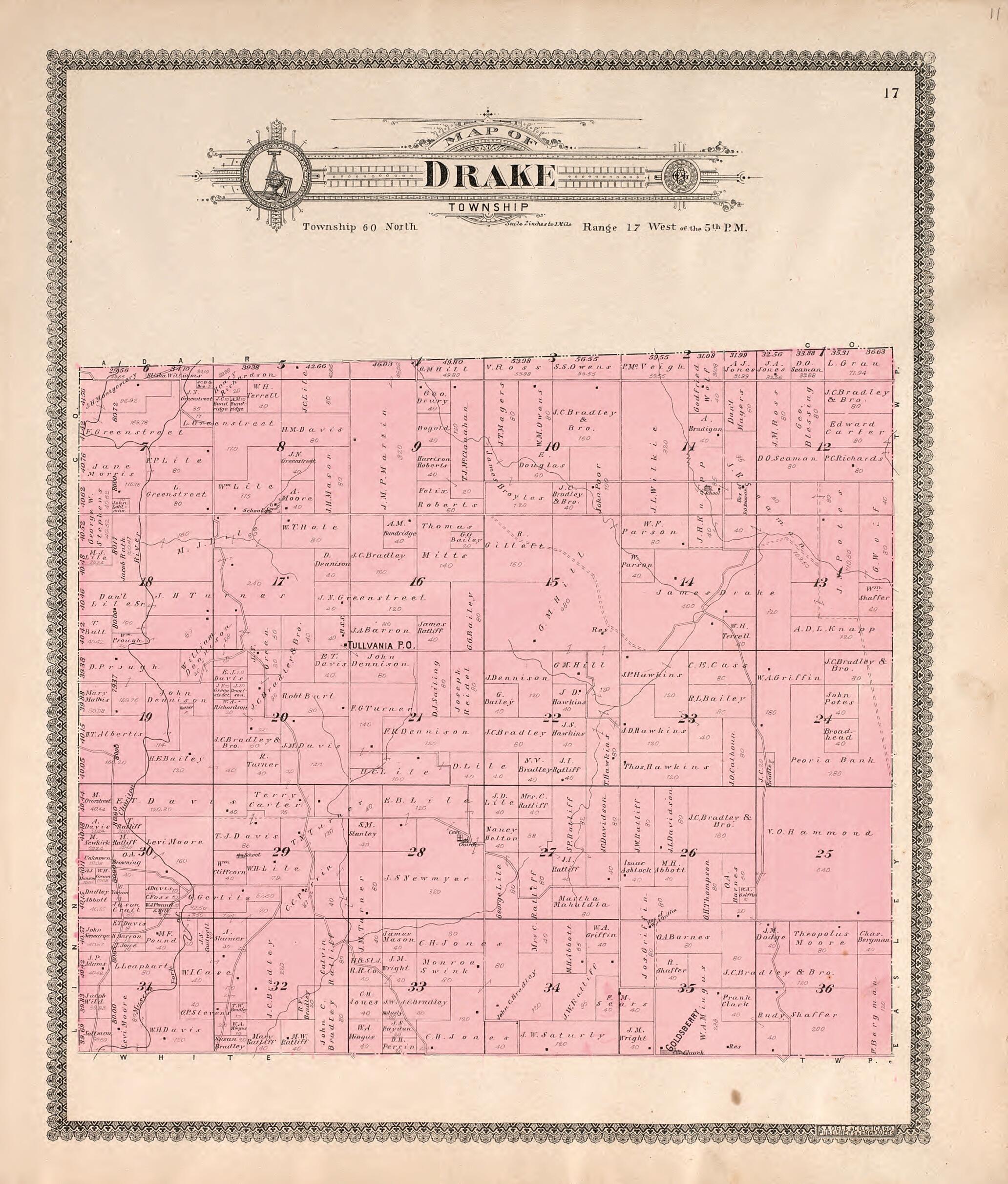 This old map of Drake Township from Standard Atlas of Macon County, Missouri from 1897 was created by Geo. A. Ogle & Co in 1897