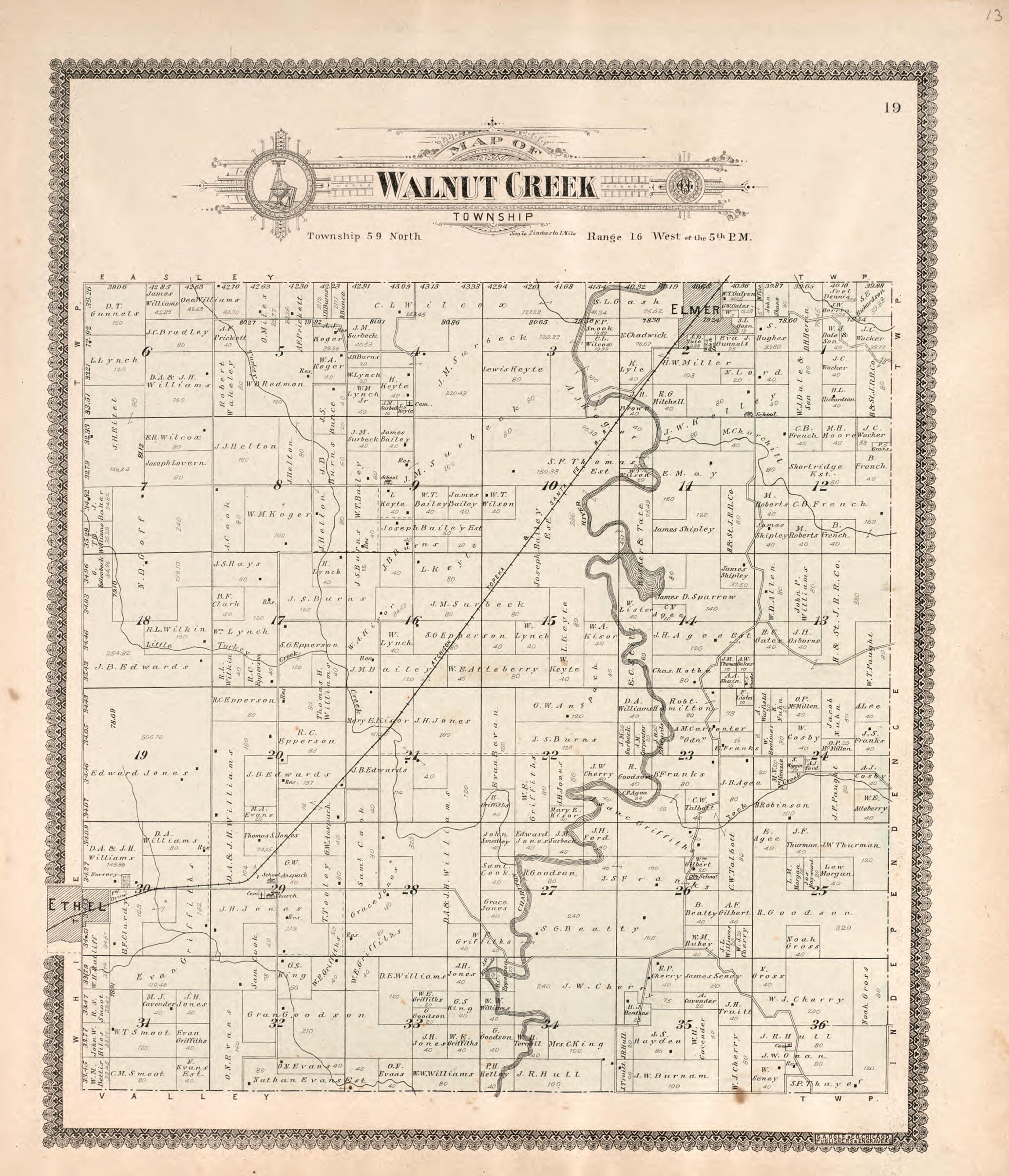 This old map of Walnut Creek Towsnhip from Standard Atlas of Macon County, Missouri from 1897 was created by Geo. A. Ogle & Co in 1897