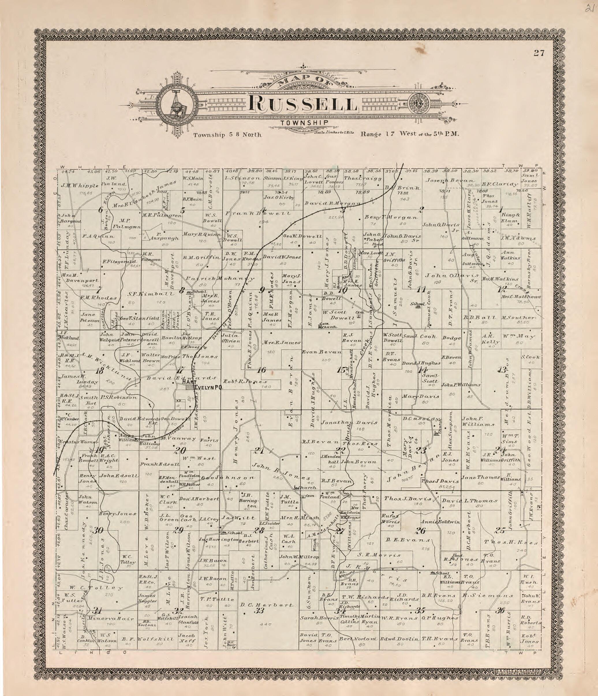 This old map of Russell Township from Standard Atlas of Macon County, Missouri from 1897 was created by Geo. A. Ogle & Co in 1897