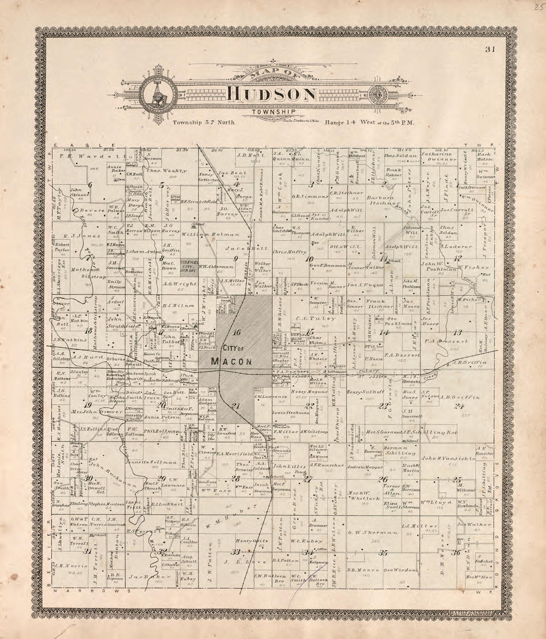 This old map of Hudson Township from Standard Atlas of Macon County, Missouri from 1897 was created by Geo. A. Ogle & Co in 1897