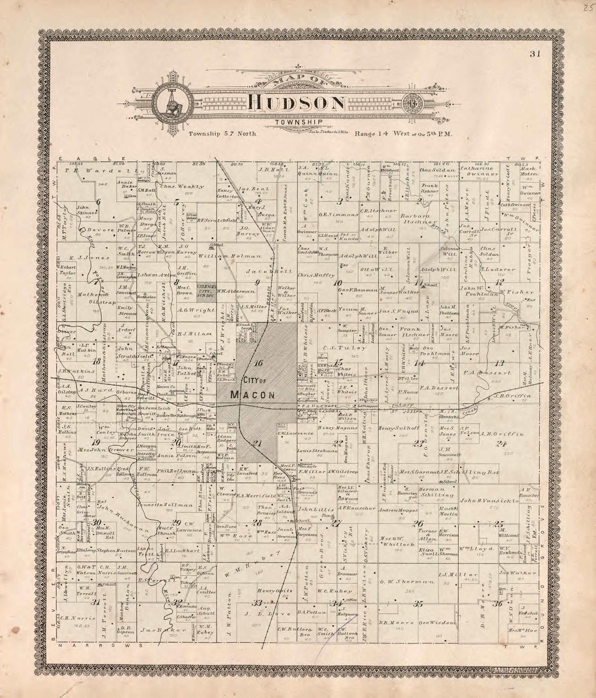 This old map of Hudson Township from Standard Atlas of Macon County, Missouri from 1897 was created by Geo. A. Ogle & Co in 1897
