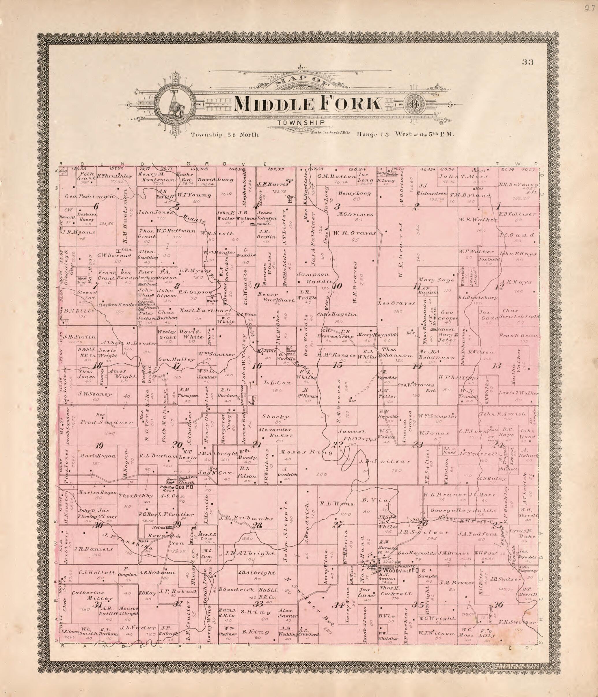 This old map of Middle Fork Township from Standard Atlas of Macon County, Missouri from 1897 was created by Geo. A. Ogle & Co in 1897