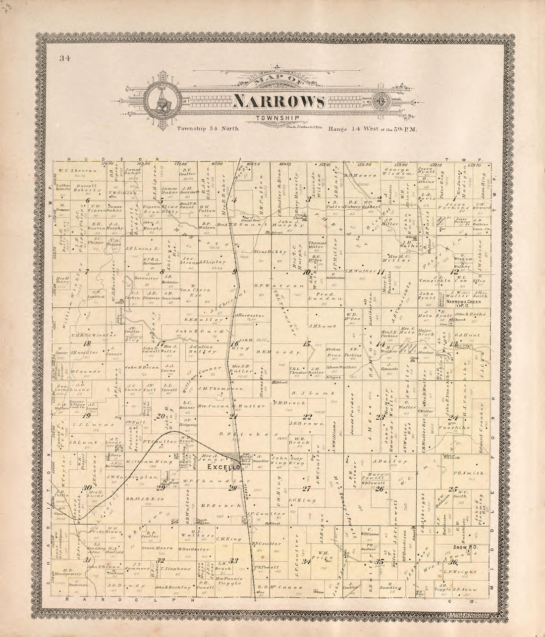 This old map of Narrows Township from Standard Atlas of Macon County, Missouri from 1897 was created by Geo. A. Ogle & Co in 1897