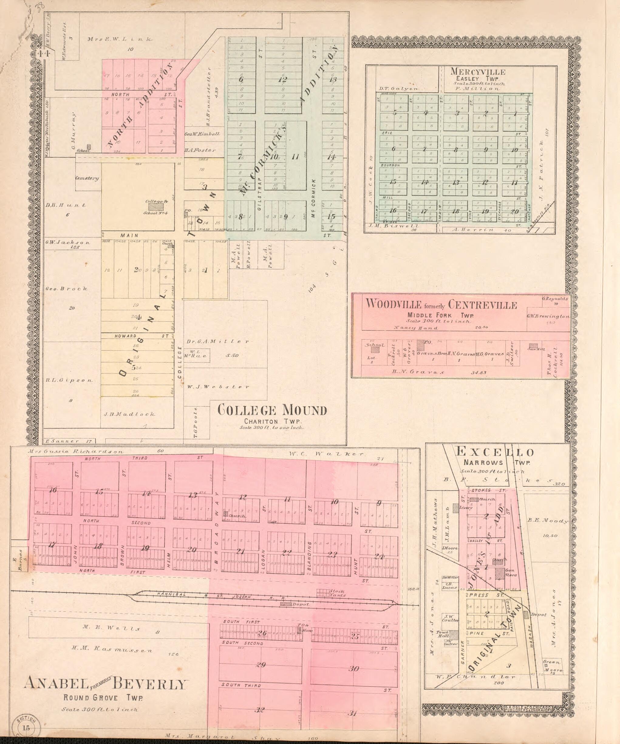 This old map of College Mound, Mercyville, Excello, Etc. from Standard Atlas of Macon County, Missouri from 1897 was created by Geo. A. Ogle & Co in 1897