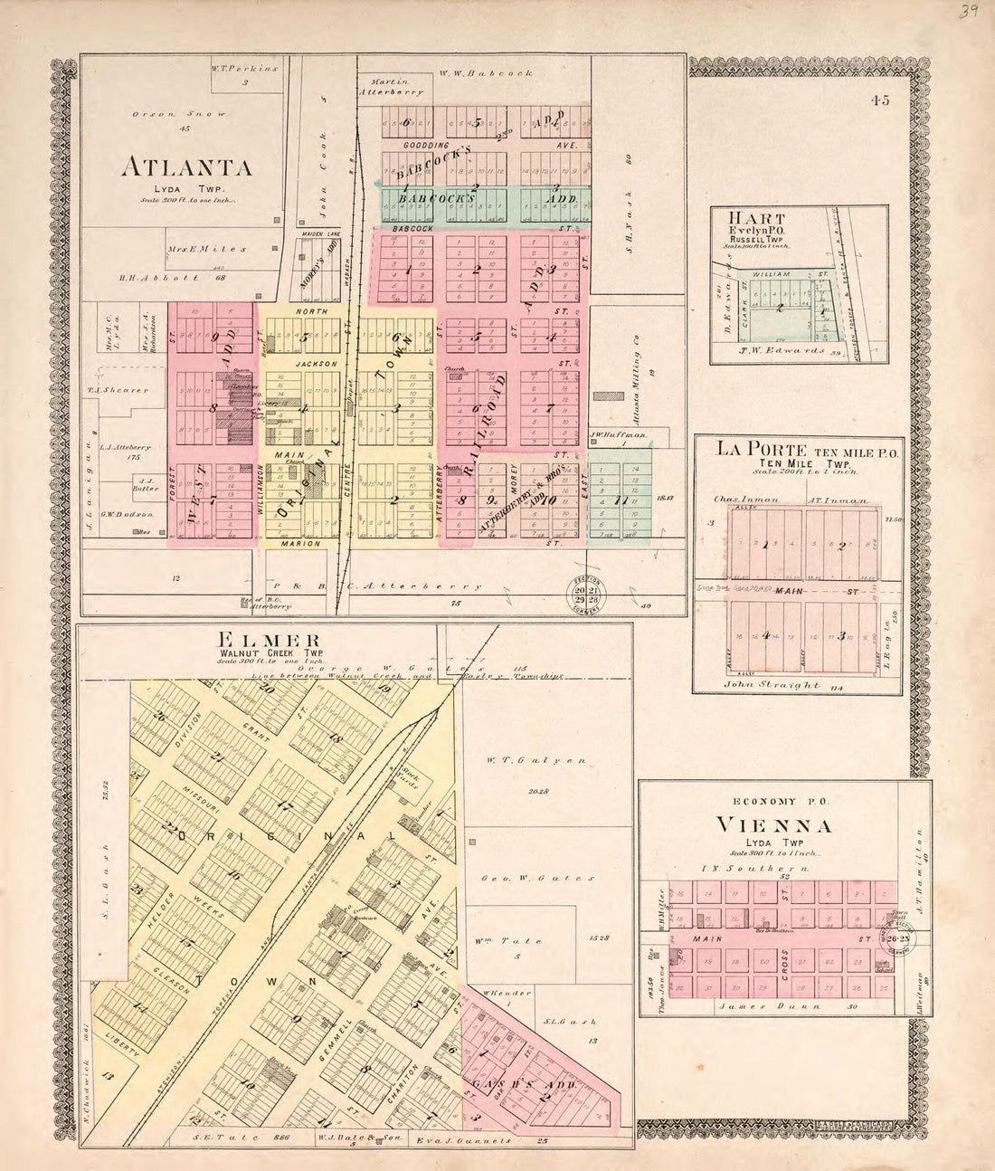 This old map of Atlanta, Hart, La Porte, Elmer, & Vienna from Standard Atlas of Macon County, Missouri from 1897 was created by Geo. A. Ogle & Co in 1897