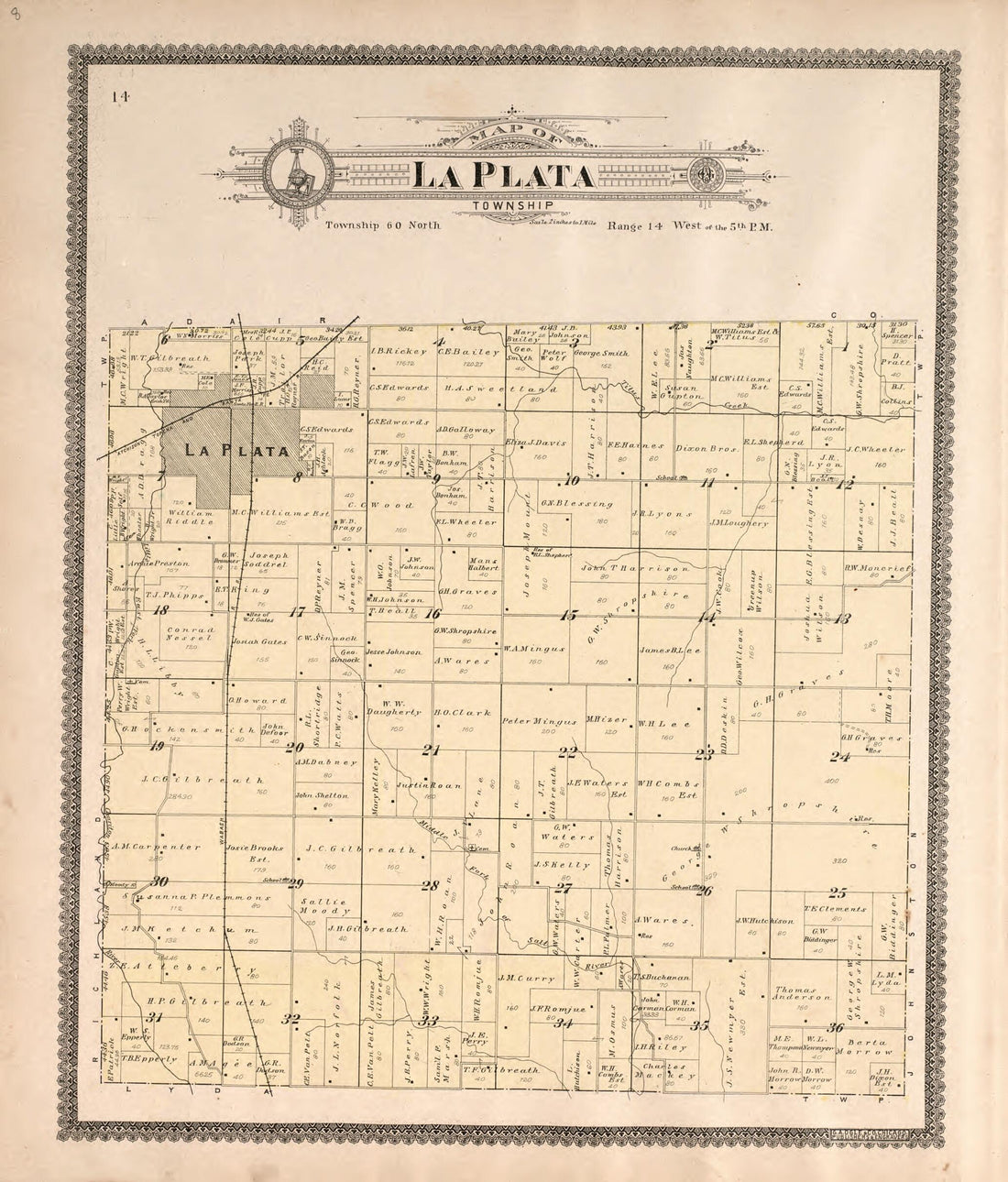 This old map of La Plata Township from Standard Atlas of Macon County, Missouri from 1897 was created by Geo. A. Ogle & Co in 1897