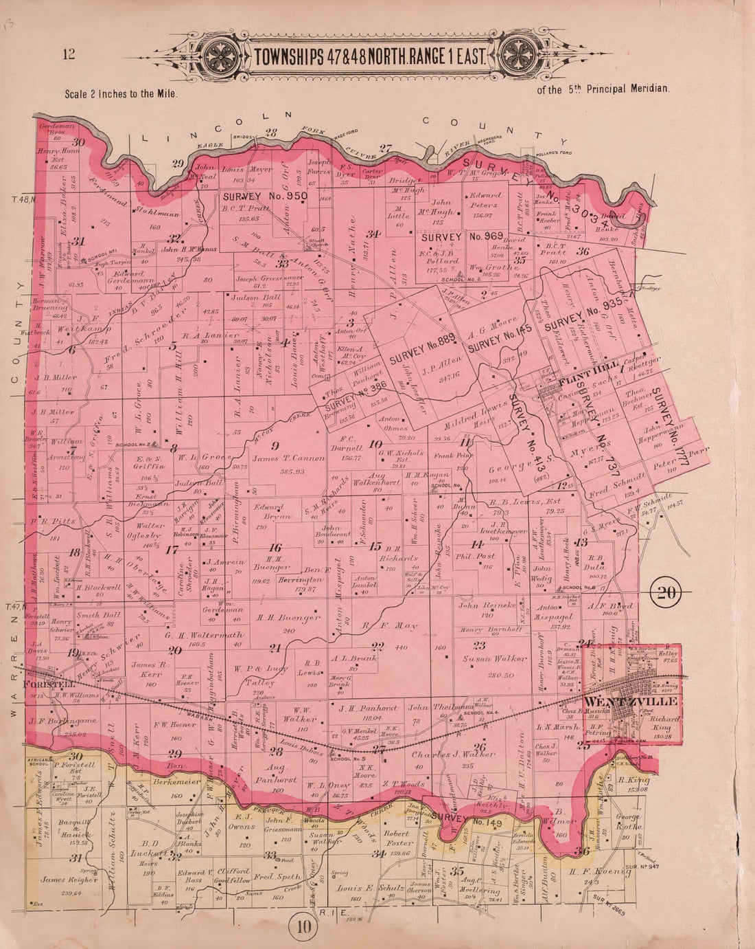 This old map of Townships 47 & 48 North Range 1 East from Plat Book of St. Charles Co., Missouri from 1905 was created by North West Publishing Co in 1905