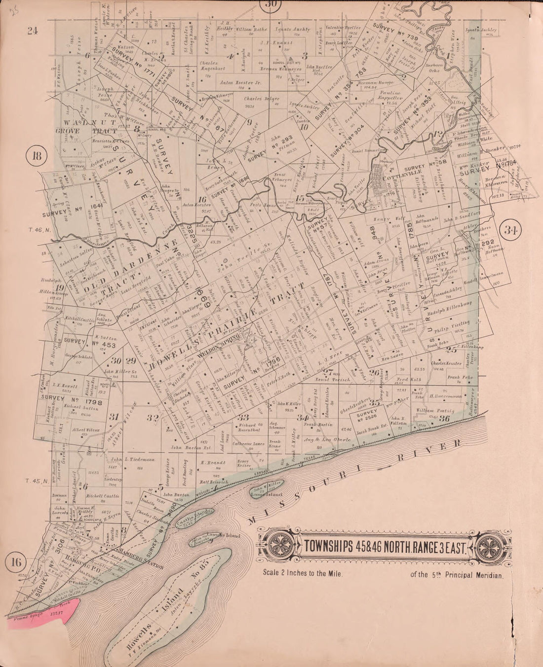 This old map of Townships 45 & 46 North Range 3 East from Plat Book of St. Charles Co., Missouri from 1905 was created by North West Publishing Co in 1905