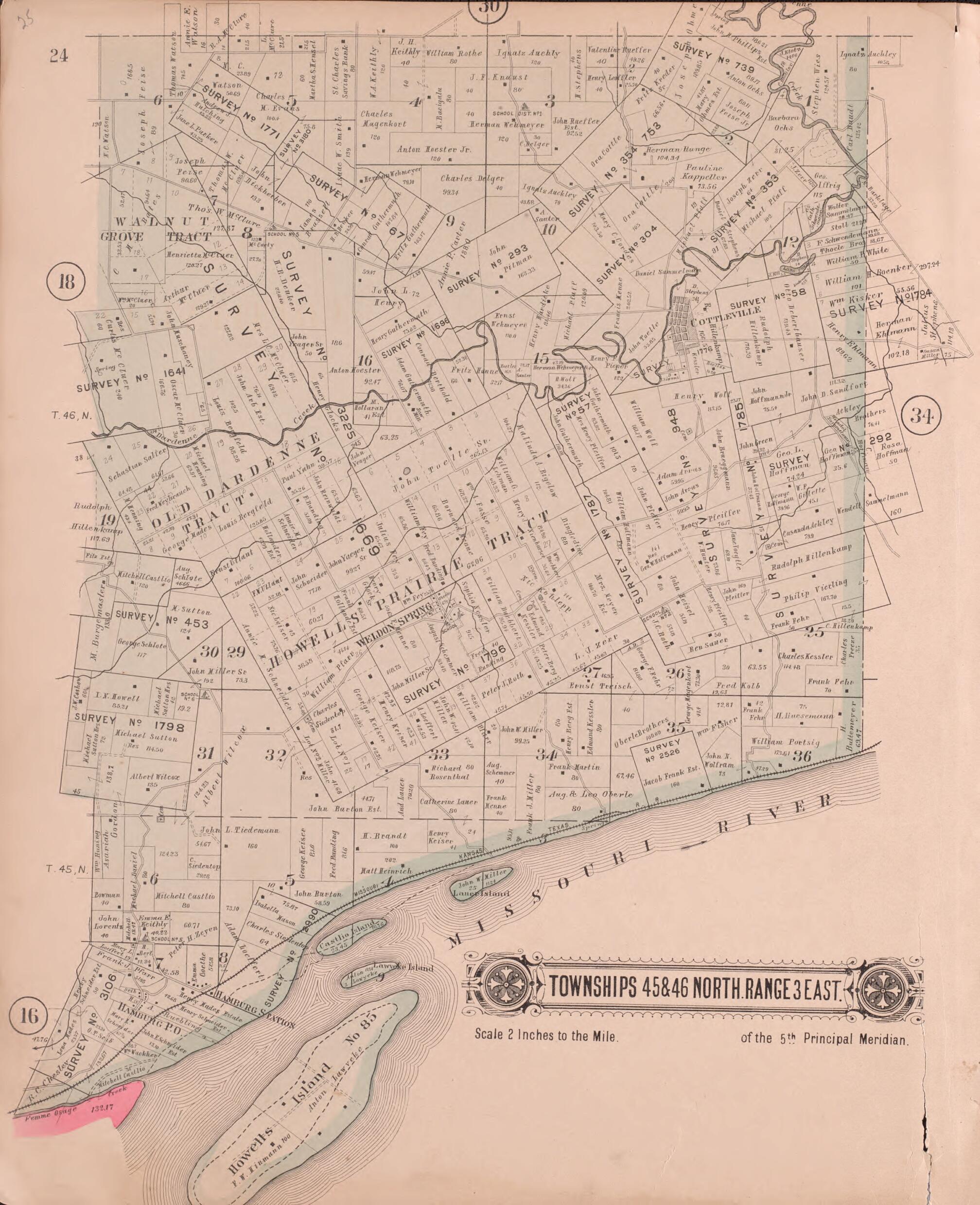 This old map of Townships 45 & 46 North Range 3 East from Plat Book of St. Charles Co., Missouri from 1905 was created by North West Publishing Co in 1905