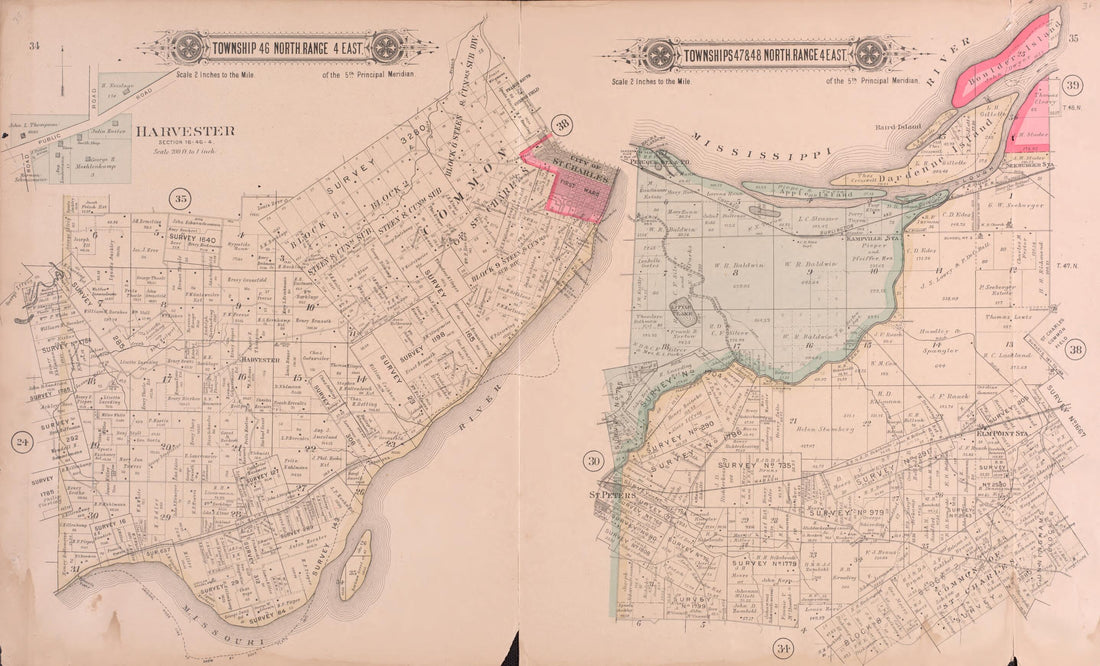 This old map of Township 46 North Range 4 East / Twps 47 & 48 North Range 4 East from Plat Book of St. Charles Co., Missouri from 1905 was created by North West Publishing Co in 1905
