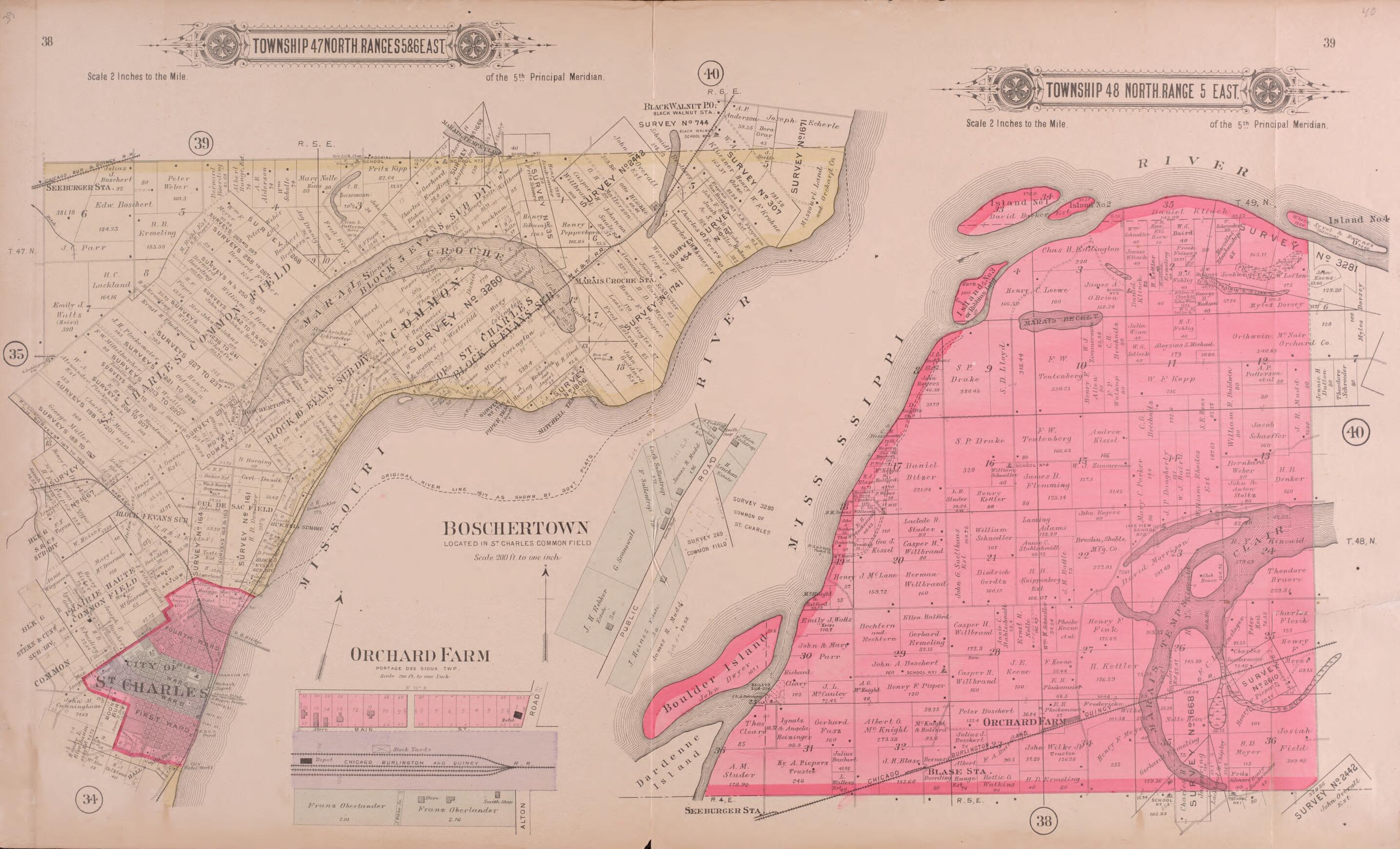 This old map of Township 47 North Ranges 5 & 6 East / Twp 48 North Range 5 East from Plat Book of St. Charles Co., Missouri from 1905 was created by North West Publishing Co in 1905