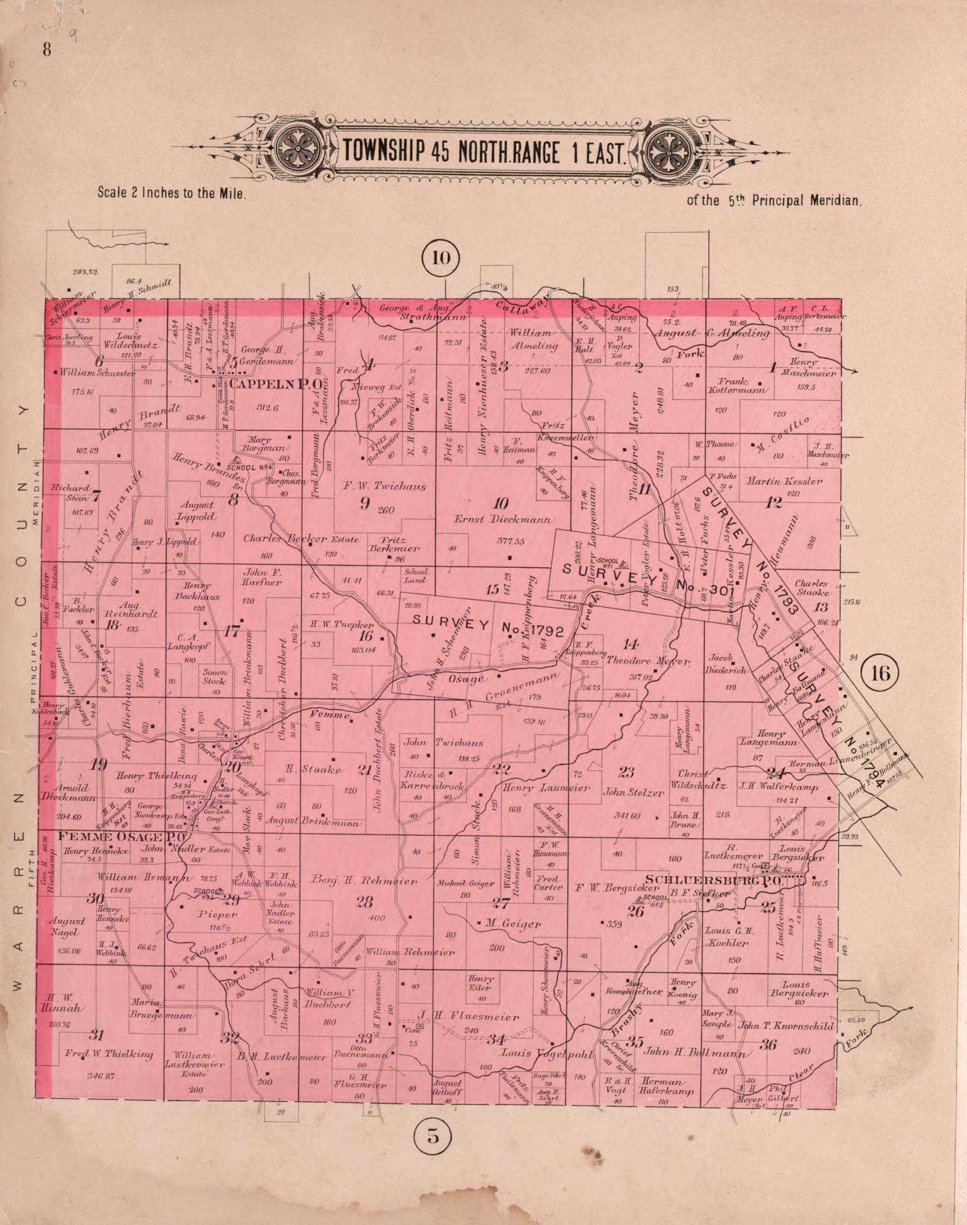 This old map of Township 45 North Range 1 East from Plat Book of St. Charles Co., Missouri from 1905 was created by North West Publishing Co in 1905