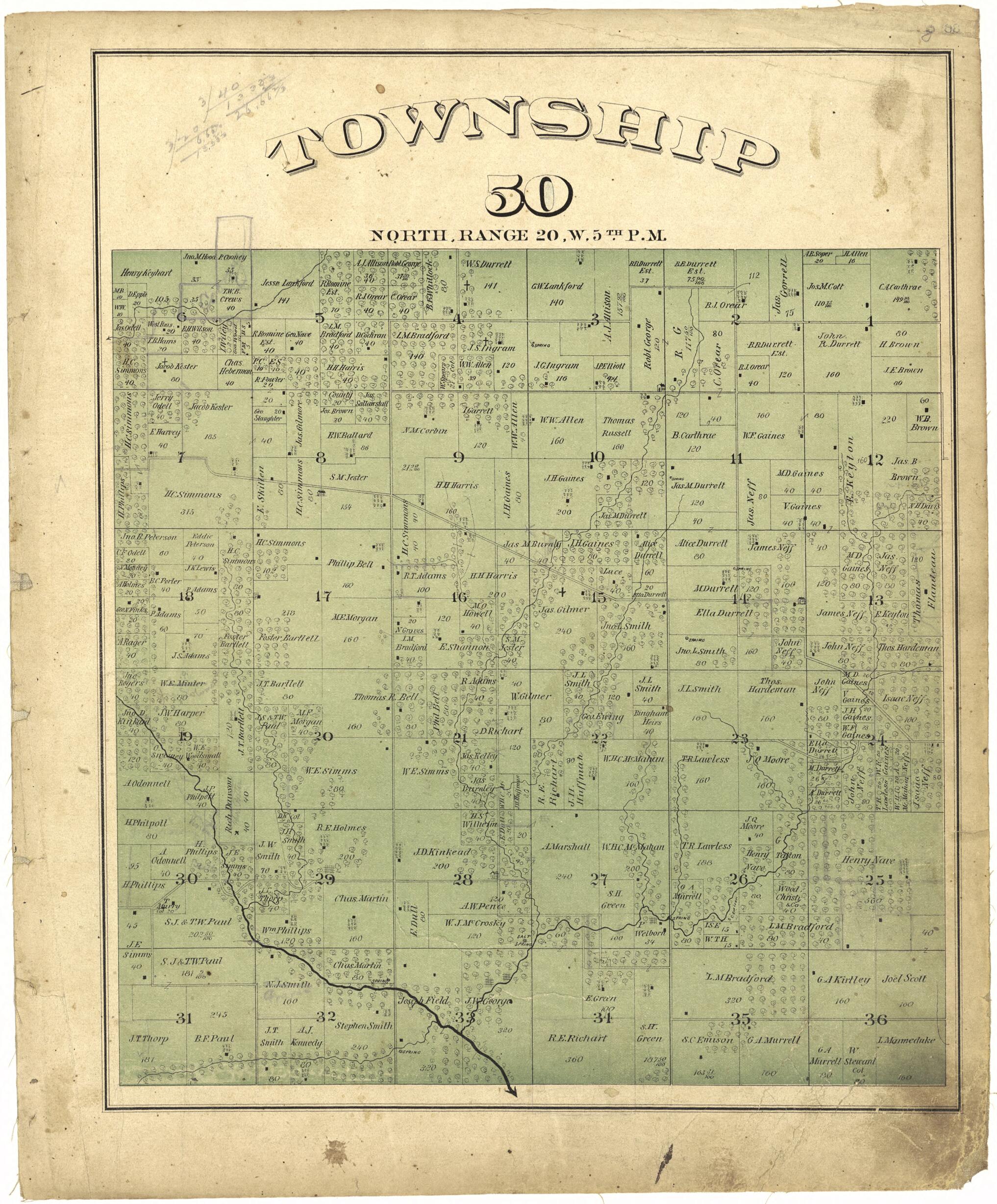 This old map of Township 50 North, Range 20W. 5th P.M. from Illustrated Atlas Map of Saline County, Missouri from 1876 was created by Missouri Publishing Co in 1876