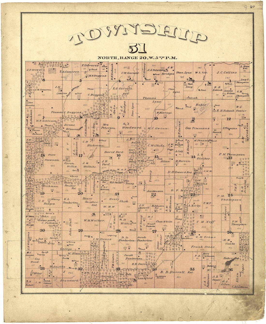 This old map of Township 51 North, Range 20W. 5th P.M. from Illustrated Atlas Map of Saline County, Missouri from 1876 was created by Missouri Publishing Co in 1876