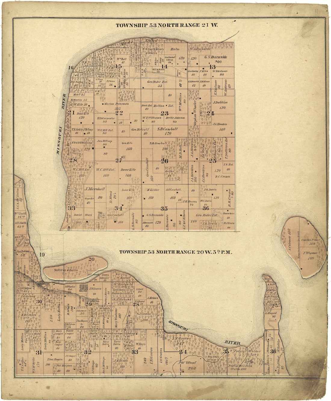 This old map of Township 53 North Range 21 W.; Township 53 North Range 20 W.5th P.M from Illustrated Atlas Map of Saline County, Missouri from 1876 was created by Missouri Publishing Co in 1876