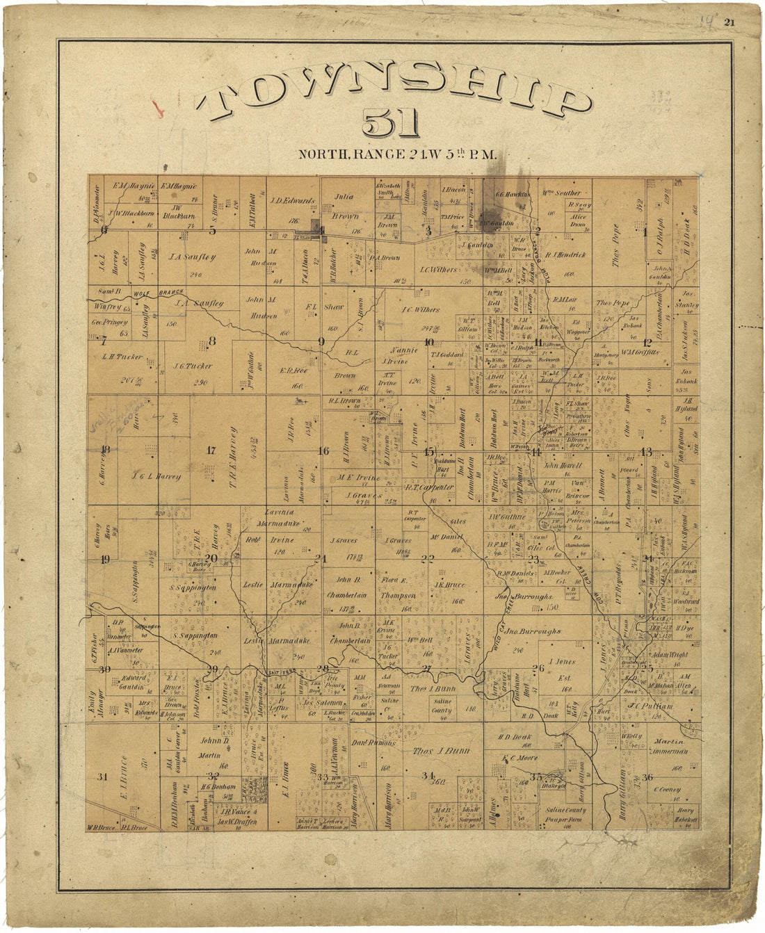 This old map of Township 51 North, Range 21W. 5th P.M. from Illustrated Atlas Map of Saline County, Missouri from 1876 was created by Missouri Publishing Co in 1876