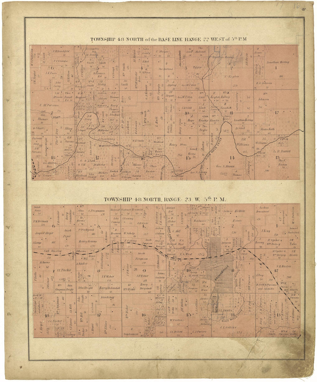 This old map of Townships 48 North of the Baseline Ranges 22 & 23 West of 5th P.M. from Illustrated Atlas Map of Saline County, Missouri from 1876 was created by Missouri Publishing Co in 1876